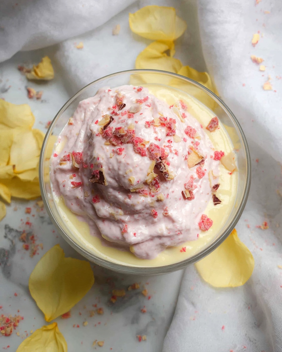 The image shows a glass bowl with two layers. The bottom layer is smooth and pale yellow, looking creamy. On top is a second layer of light pink whipped cream with a fluffy texture. The pink layer is sprinkled with small chunks of red and brown bits. Around the bowl, soft yellow flower petals lie on a white marbled cloth. photo taken with an iphone --ar 4:5 --v 7