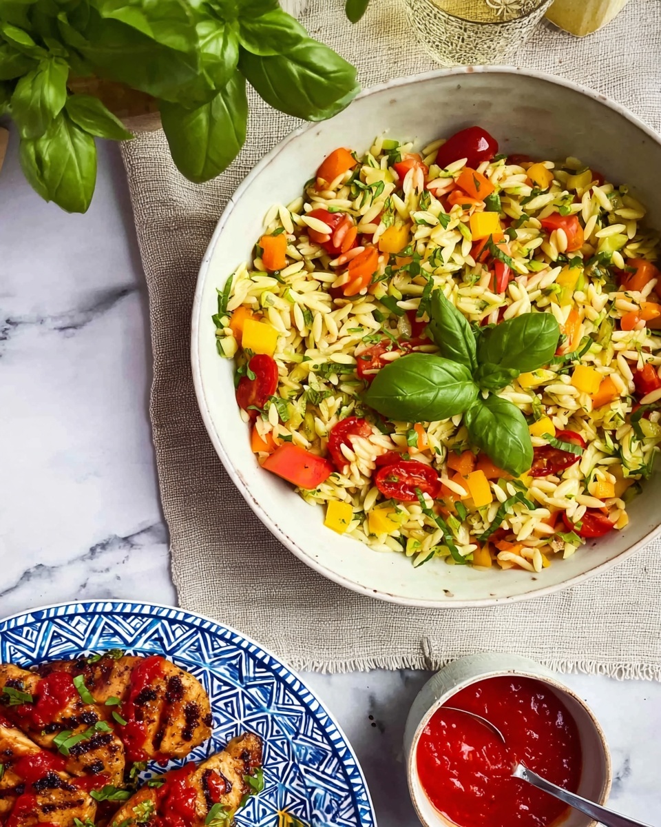 A white bowl filled with a colorful orzo pasta salad sits on a beige cloth over a white marbled surface. The salad has layers of yellow orzo pasta mixed with small diced orange and yellow bell peppers, halved bright red cherry tomatoes, and green herbs scattered throughout, topped with several green basil leaves. To the lower right of the bowl is a small white bowl holding red sauce with a silver spoon resting inside. Near the bottom left edge, there is a white plate with a blue geometric pattern holding two pieces of grilled chicken topped with a bright red sauce. On the top left corner, a bunch of fresh green basil leaves is visible. Photo taken with an iphone --ar 4:5 --v 7