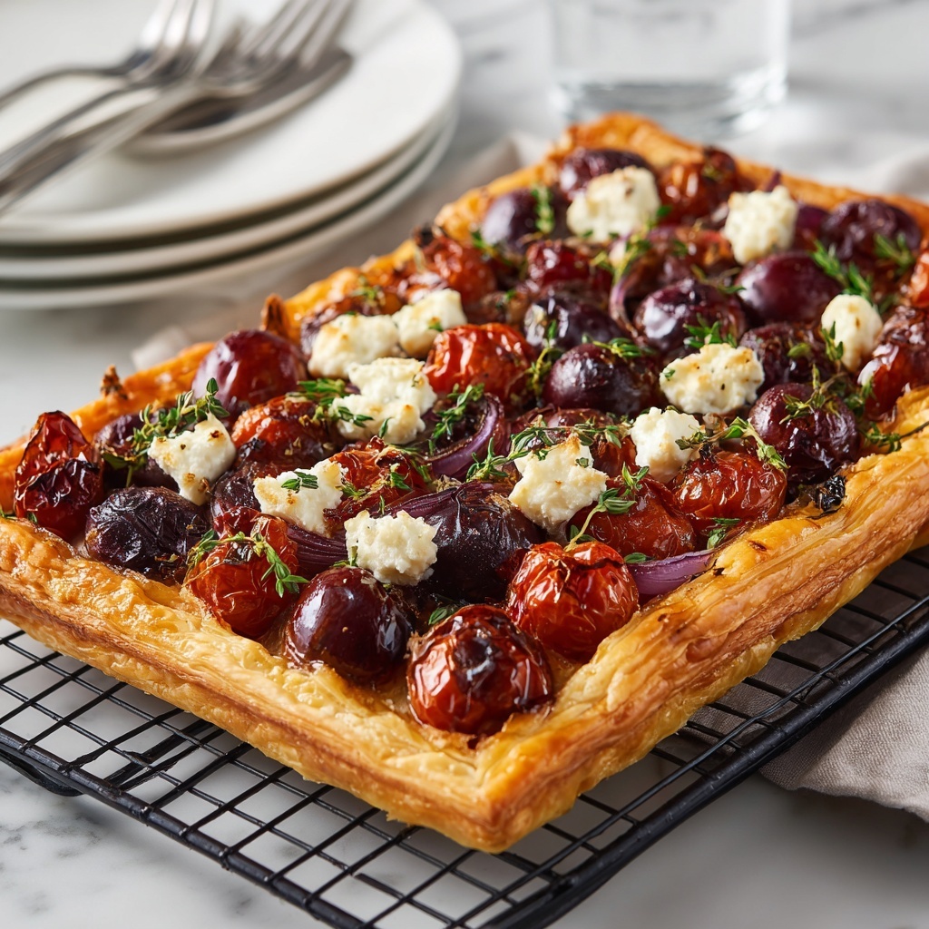 The image shows a square puff pastry tart sliced into rectangular pieces on a black wire cooling rack over a white marbled surface. The tart has one visible thick golden-brown puff pastry layer at the bottom, topped with a layer of browned cherry tomatoes that have a slightly wrinkled texture. There are also visible slices of dark purple-red onions distributed evenly, along with scattered dollops of white, crumbly cheese. Sprigs of green herbs, likely thyme, are placed on top, adding a fresh touch. A silver spatula lifts one piece of the tart, and beside it is a knife with a wooden handle. The overall colors are warm and inviting with red, white, and green tones contrasting the golden tart base. photo taken with an iphone --ar 4:5 --v 7