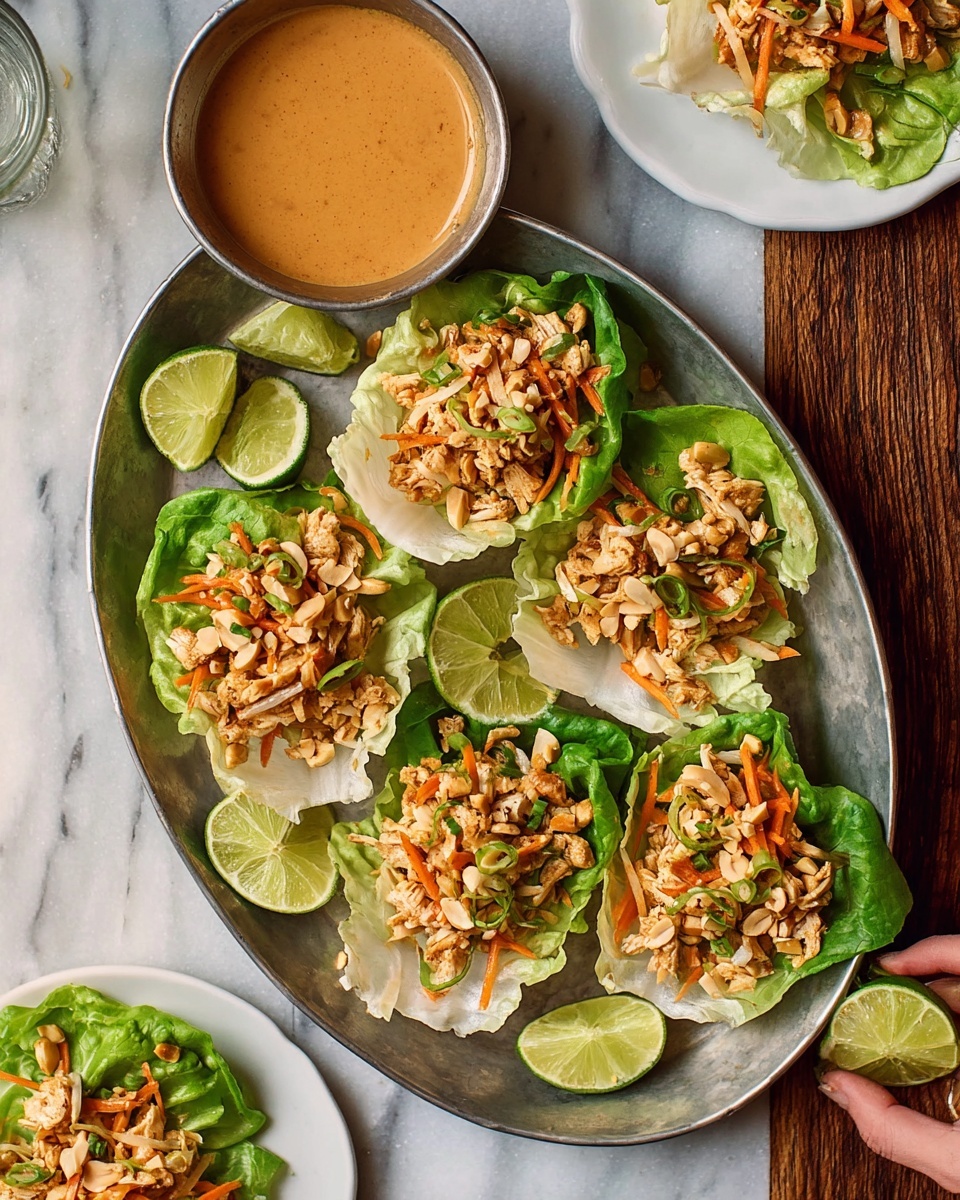 A metal oval plate holds six lettuce cups, each with a bright green and white leafy base filled with a mix of chopped light brown cooked chicken, shredded orange carrots, and a sprinkle of chopped peanuts on top, garnished with thin green onion slices. Around the plate are lime wedges, with more lime wedges and a small round steel bowl filled with smooth, light brown dipping sauce on a brown wooden surface. Part of a white plate with another lettuce cup and part of a woman's hand holding a lime wedge appear at the edges. The whole scene is placed on a white marbled texture background, photo taken with an iphone --ar 4:5 --v 7