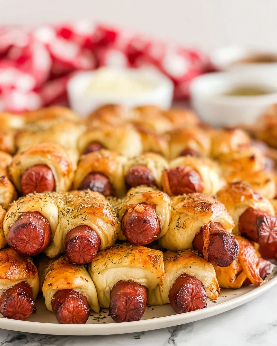 The image shows many small sausages wrapped in golden-baked dough, arranged closely on a round white plate. Each sausage is a bright reddish-brown with a shiny, slightly crispy texture. The dough is light golden with some darker brown edges, sprinkled with dried herbs, giving them a seasoned look. The plate sits on a white marbled surface. In the blurred background, there are white bowls with sauces and a red and white checkered cloth. Photo taken with an iphone --ar 4:5 --v 7
