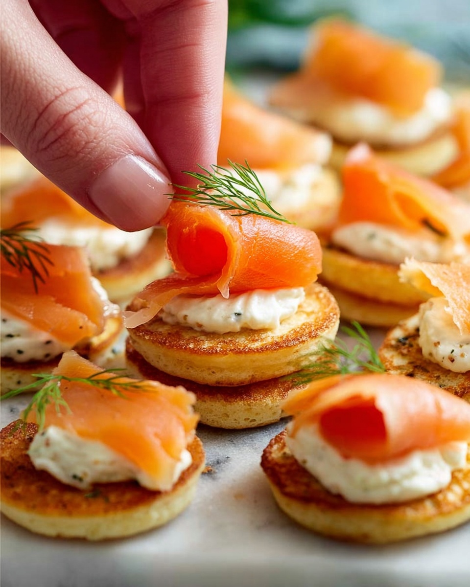 A white rectangular plate is full of small round crackers topped with three layers. The bottom layer is a smooth white spread, the middle layer is bright orange smoked salmon folded softly in thin pieces, and the top layer is small green dill sprigs. Lemon wedges with bright yellow skin and juicy light yellow inside are placed on the plate for decoration. A woman's hand is holding the plate at the bottom corner, with a glass of sparkling drink nearby. The background shows a white marbled texture surface with a slightly blurred second white plate with more of the same crackers, and some light-colored fabric with dill sprigs on it. photo taken with an iphone --ar 4:5 --v 7