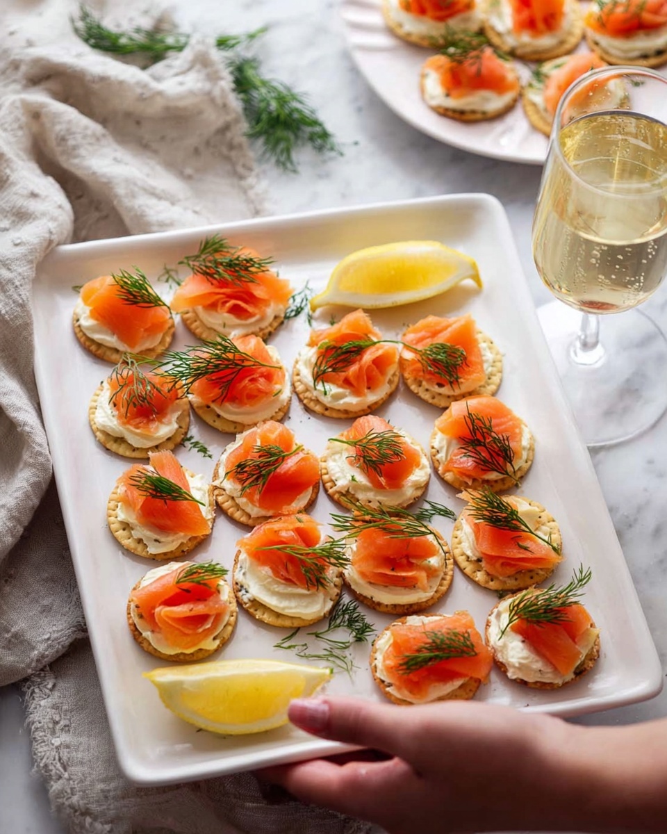 The image shows small round golden pancakes as the bottom layer, each topped with a thick white cream layer in the middle. On top of the cream, there is a twisted slice of bright orange smoked salmon adding a shiny texture, and a small green dill leaf placed on the salmon for decoration. A woman's fingers are gently holding one of the pancake bites, hovering above a white marbled surface with more pancake bites spread around. The light softness highlights the warm colors of the pancakes and the fresh look of the salmon and dill. photo taken with an iphone --ar 4:5 --v 7