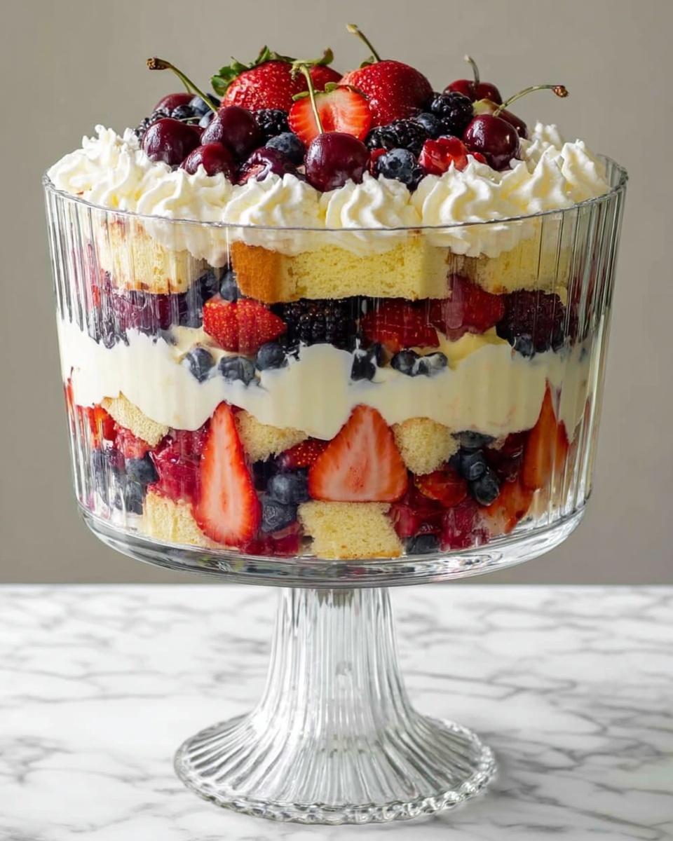 This image shows a tall, clear glass bowl with layers of a dessert. At the bottom, there is a light yellow sponge cake layer. On top of it, there is a thick cream layer, smooth and light in color. Above the cream, there are whole blueberries and sliced strawberries, fresh and bright red. Next, another layer of sponge cake pieces is visible, followed by another cream layer. The top layer is whipped cream piped around the edge in small swirls, creamy white and fluffy. In the center of the whipped cream, there is a pile of mixed fresh berries, including red strawberries, black blackberries, blue blueberries, and dark red cherries with stems. The bowl sits on a white marbled surface. photo taken with an iphone --ar 4:5 --v 7