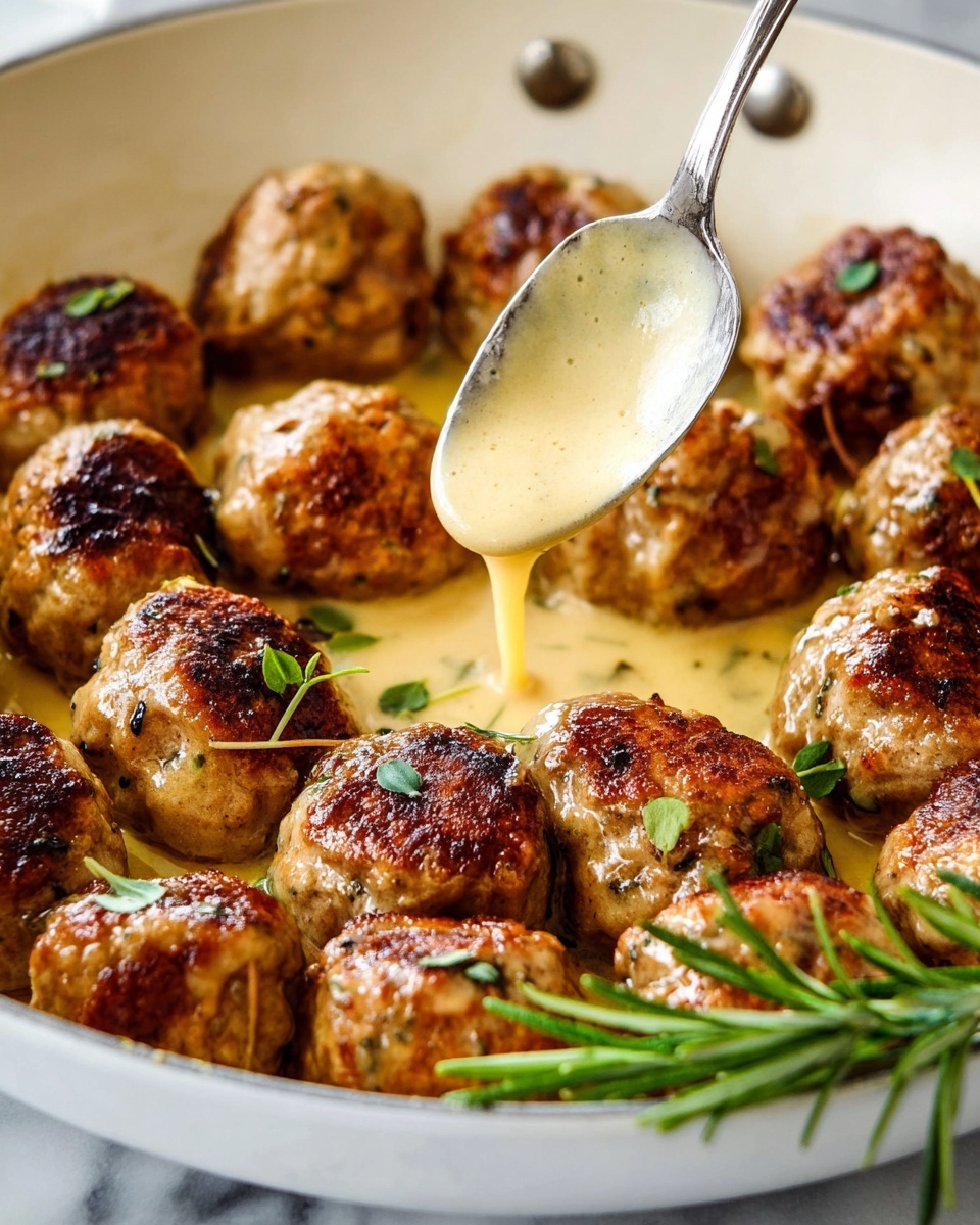 The image shows a white pan filled with golden-brown meatballs that have a slightly crispy texture. They are arranged closely together and topped with small green herb leaves. A silver spoon is pouring creamy light brown sauce over the meatballs, adding a shiny, smooth layer on top. A sprig of fresh rosemary lies on the meatballs near the bottom right, adding a pop of green. The background is a white marbled surface. photo taken with an iphone --ar 4:5 --v 7