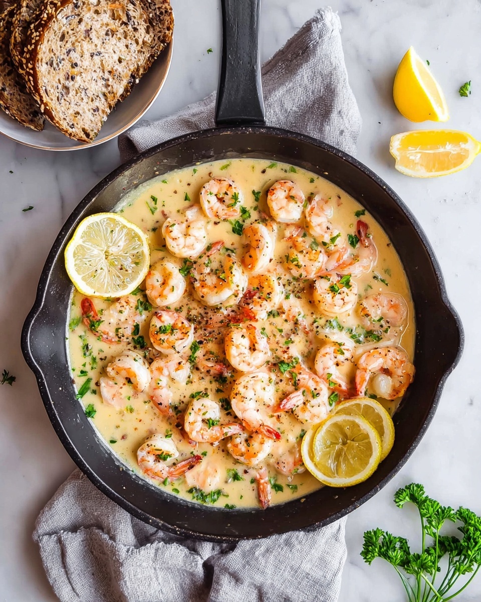 In a black skillet placed on a white marbled surface, there is a dish made of many cooked shrimp with a slightly pink and white color, sitting in a creamy, light yellow sauce with small green herbs mixed in. On top, there are small bits of black pepper and parsley sprinkled evenly. There are three lemon slices placed on the shrimp near one edge of the skillet. To the upper left, there is a white bowl with three slices of multigrain bread with seeds on the crust. A light gray cloth is under part of the skillet. There are also lemon wedges and green parsley on the white marbled surface near the bottom right corner. Photo taken with an iphone --ar 4:5 --v 7