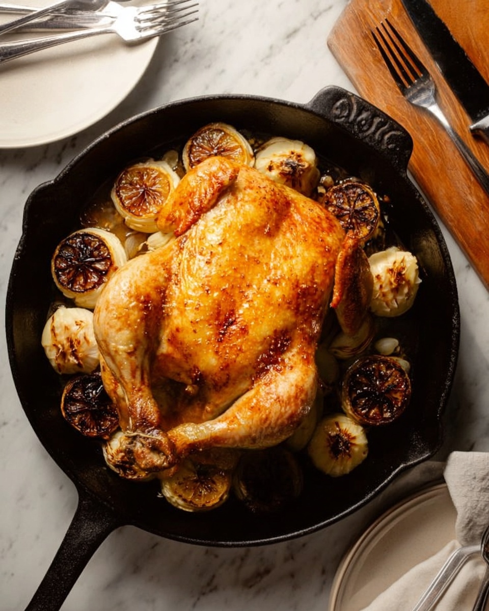 A whole golden-brown roasted chicken lies in a black cast iron pan, the skin crispy and shiny with a roasted texture. Around the chicken, there are whole garlic heads sliced horizontally showing their creamy interior, and dark brown lemon slices scattered beneath and beside the bird. The pan rests on a white marbled surface, with a silver knife on a wooden cutting board to the right and a white plate with a fork and knife on the left. The lighting highlights the warm, inviting colors of the chicken and the rich tones of the roasted garlic and lemon. photo taken with an iphone --ar 4:5 --v 7