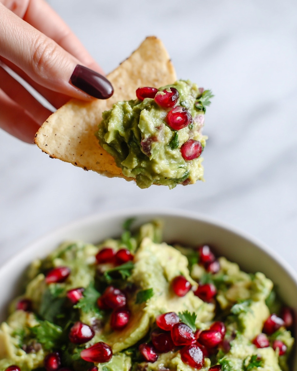 A close-up of a triangular, pale yellow chip held by a woman's hand with dark brown nail polish, topped with a scoop of chunky light green guacamole mixed with visible bits of onion and cilantro, and garnished with vibrant red pomegranate seeds. Below, a white bowl on a white marbled surface is filled with more guacamole, featuring bright green herbs and scattered red pomegranate seeds, creating a fresh and colorful mix. The background is a clean, soft white, highlighting the natural colors of the food photo taken with an iphone --ar 4:5 --v 7