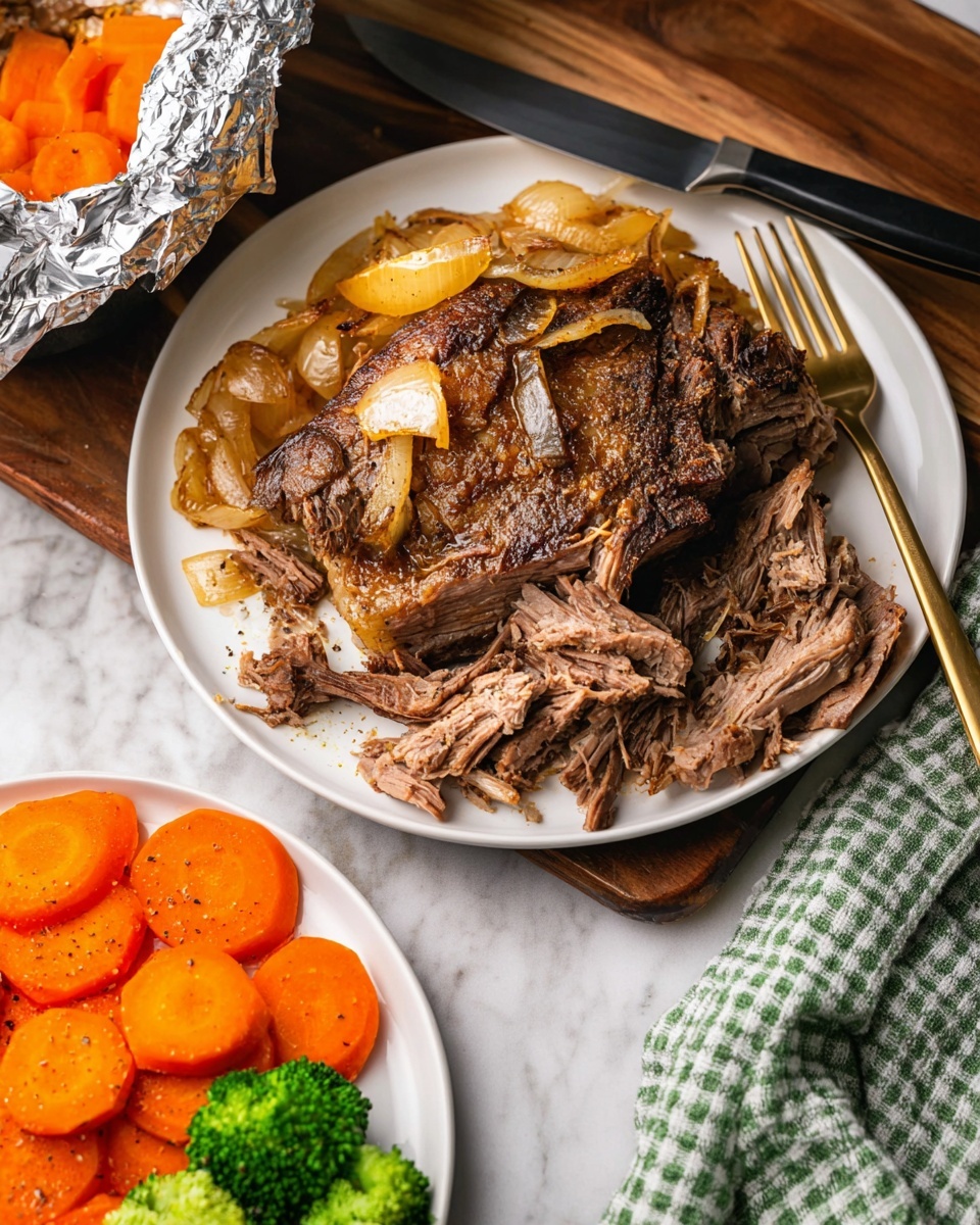 A white plate holds a large piece of browned, seasoned roasted meat with visible texture from shredding and slicing, resting on caramelized onion pieces that are light yellow and soft in appearance; next to the meat is a gold fork with a black handle partly under the meat, and a black knife with a black handle lies diagonally across the top of the plate. Below the plate, on a wooden surface, is a white plate with a neat layer of bright orange, round carrot slices seasoned with black pepper and two small green broccoli florets at the bottom edge. A piece of foil with more carrot slices is partially visible on the left side of the image, and a green and white checkered cloth is tucked behind the white plate on a white marbled surface. Photo taken with an iphone --ar 4:5 --v 7