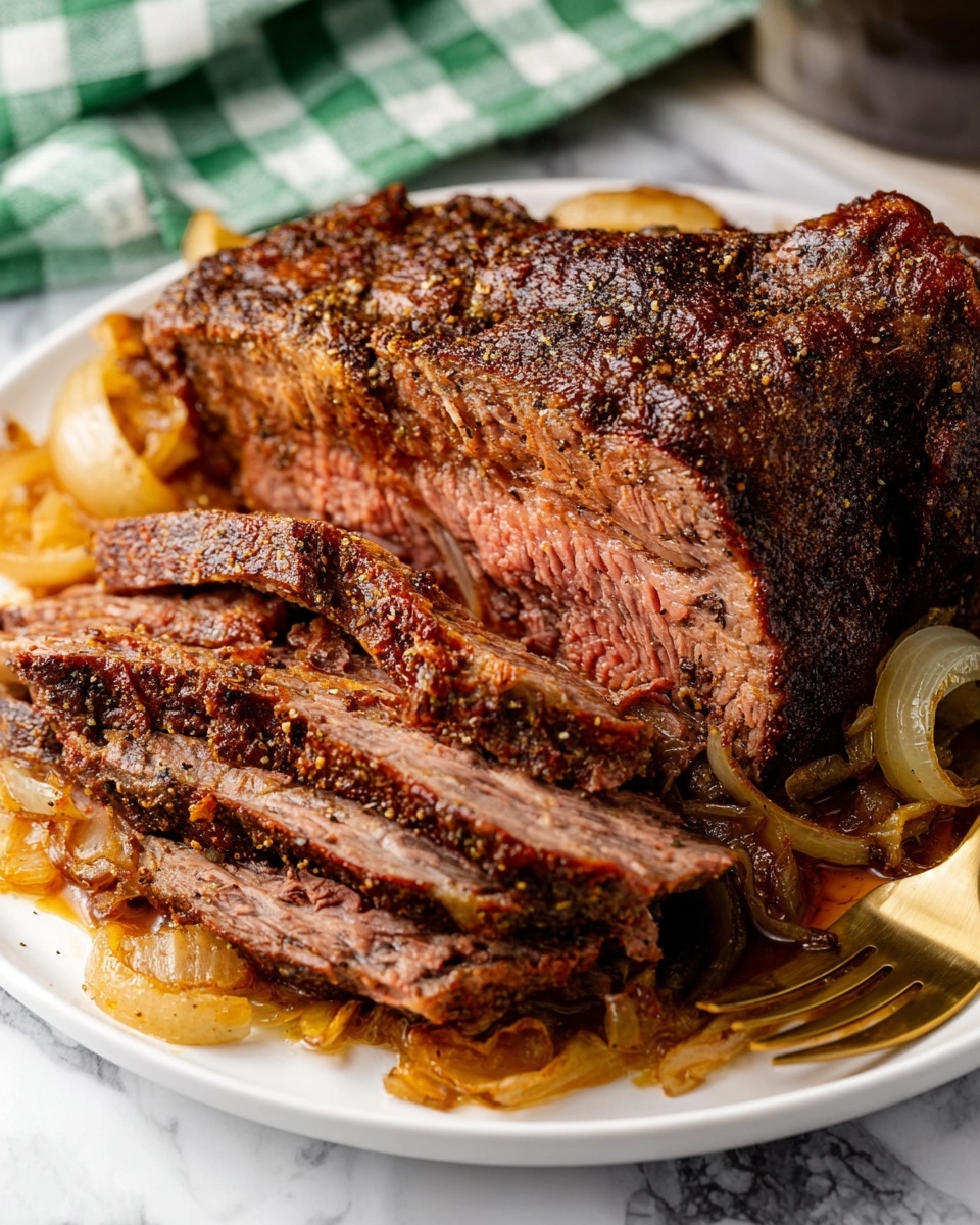 A white plate holds a large, cooked brown meat roast with a textured, dark crust and visible seasoning. The roast is sliced thickly to show layers of pinkish and brown meat inside, looking tender and juicy. Under the meat on the plate, there is a layer of cooked golden onions all around. On the right side of the plate, next to the meat, rests a golden fork partially in view. The background has a white marbled texture with a green and white checkered cloth blurred behind the plate. Photo taken with an iphone --ar 4:5 --v 7