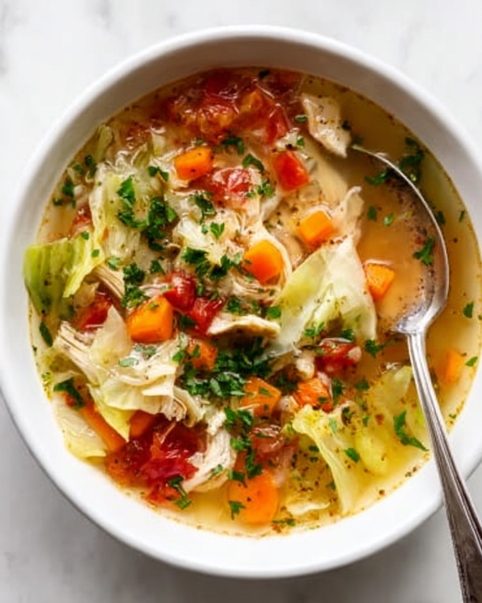 A white bowl filled with clear broth soup containing several layers of ingredients: at the bottom, light green cabbage pieces with a soft texture; scattered throughout are small orange carrot cubes; bright red tomato chunks add color on top; pieces of light, tender chicken are mixed in; the soup is sprinkled with finely chopped fresh herbs, giving a touch of green; a shiny silver spoon rests inside the bowl on the right side. The bowl sits on a white marbled surface. photo taken with an iphone --ar 4:5 --v 7