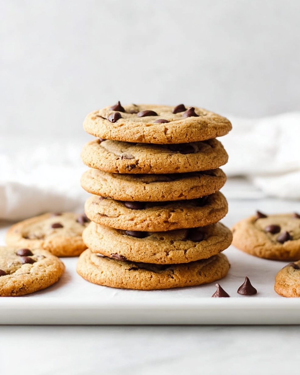 A stack of six round chocolate chip cookies with a golden-brown color is placed on a white tray. Each cookie is thick with a slightly rough texture and has scattered dark brown chocolate chips on top and around the edges. Several more cookies lay flat around the stack on the tray. The tray sits on a white marbled surface with a soft white cloth blurred in the background. The photo taken with an iphone --ar 4:5 --v 7