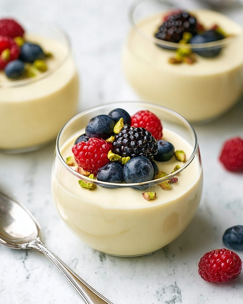 There are two white glass cups filled with a smooth, creamy, pale yellow dessert. Each cup has a topping of fresh berries including red raspberries, black blackberries, and dark blue blueberries, scattered with small pieces of green pistachios. The cups are placed on a white marbled surface with a silver spoon on a white cloth napkin to the left. The background is softly blurred with more pistachios and berries scattered around. photo taken with an iphone --ar 4:5 --v 7