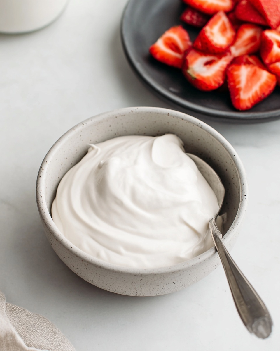 The image shows a white round plate with a pile of bright red strawberries, some whole and some sliced in half, forming the first layer. On top of the strawberries, there is a thick, creamy white layer of whipped cream being added from above by a spoon held by a woman's hand. The background features a white marbled surface with a blurred white bowl behind the plate. The colors are fresh and clean, highlighting the contrast between the red strawberries and the white cream. photo taken with an iphone --ar 4:5 --v 7