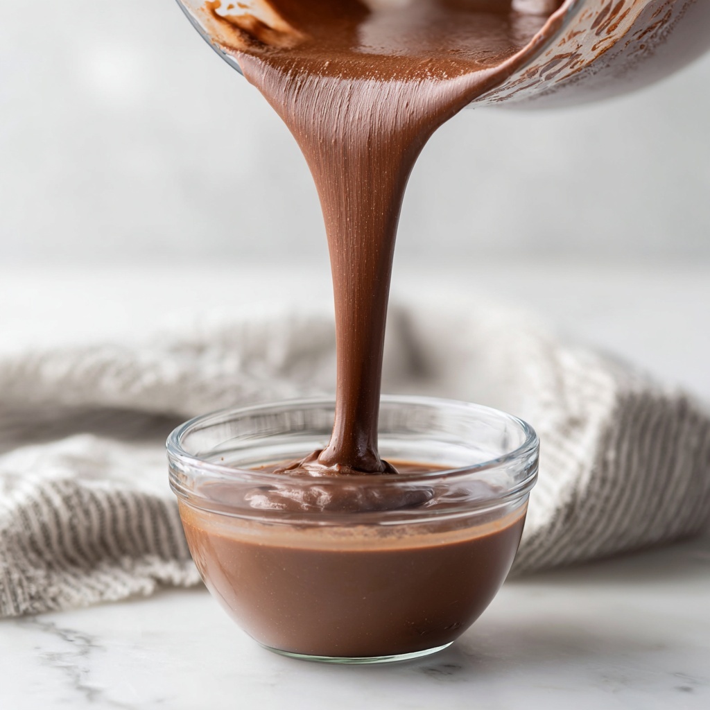 A thick, smooth brown chocolate batter is slowly pouring from a clear blender container into a small, clear glass bowl placed on a white marbled countertop. The batter has a shiny texture and flows in a thick stream from the blender blade part above the bowl, with some batter residue on the blender's side. A gray and white cloth is softly blurred in the background, adding a cozy kitchen feel. Photo taken with an iphone --ar 4:5 --v 7