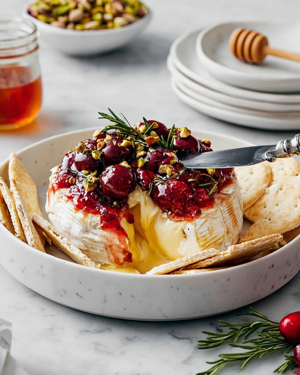 A round wheel of creamy white cheese with a soft, smooth inside oozing out from one side sits at the center of a white plate. On top, there is a thick, red layer of cooked cherries or berries that spills slightly down the sides. The red topping is sprinkled with small green chopped nuts and thin orange peel shreds. Around the cheese, there are a few crackers and fresh green rosemary sprigs along with some whole red berries on the plate. The scene is set on a white marbled surface, with a small jar of honey, stacked white plates, and a white bowl filled with chopped nuts blurred in the background. Photo taken with an iphone --ar 4:5 --v 7