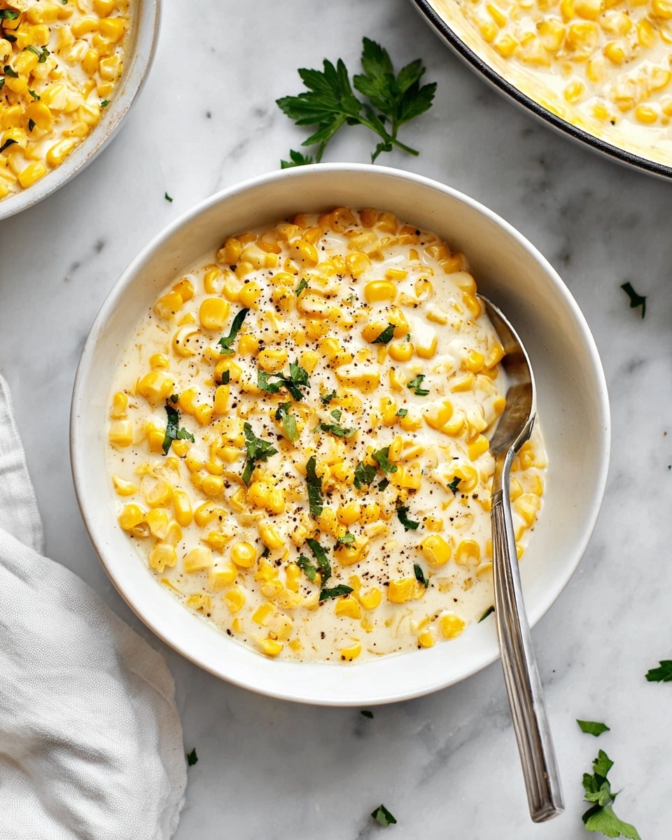 A silver pan is filled with a creamy corn dish showing three clear layers: at the bottom is a thick layer of whole yellow corn kernels, above it is a rich, white creamy sauce, and on top is a fluffy, yellow corn pudding mixture gently stirred in the middle with a spatula that has a black silicone head and a light wooden handle, all placed on a white marbled surface photo taken with an iphone --ar 4:5 --v 7