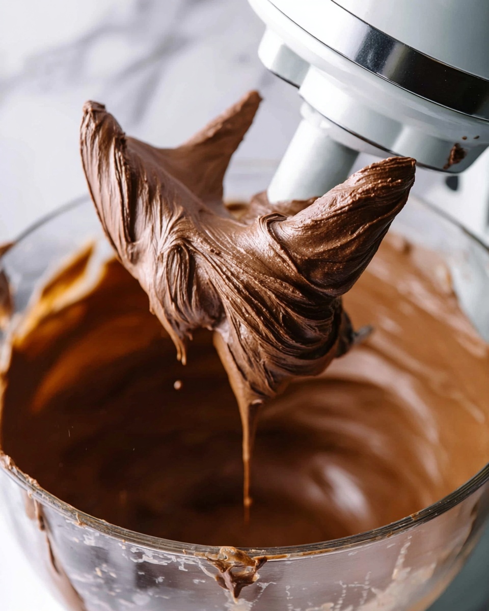 A close-up view of a stand mixer with a white beater attachment covered in thick, smooth chocolate batter. The batter is rich and creamy, dark brown in color, and clings to the beater in soft folds with a slightly shiny surface. Below the beater, there is a clear mixing bowl filled with more chocolate batter, showing streaks and drips on the sides. The background is a white marbled texture. photo taken with an iphone --ar 4:5 --v 7