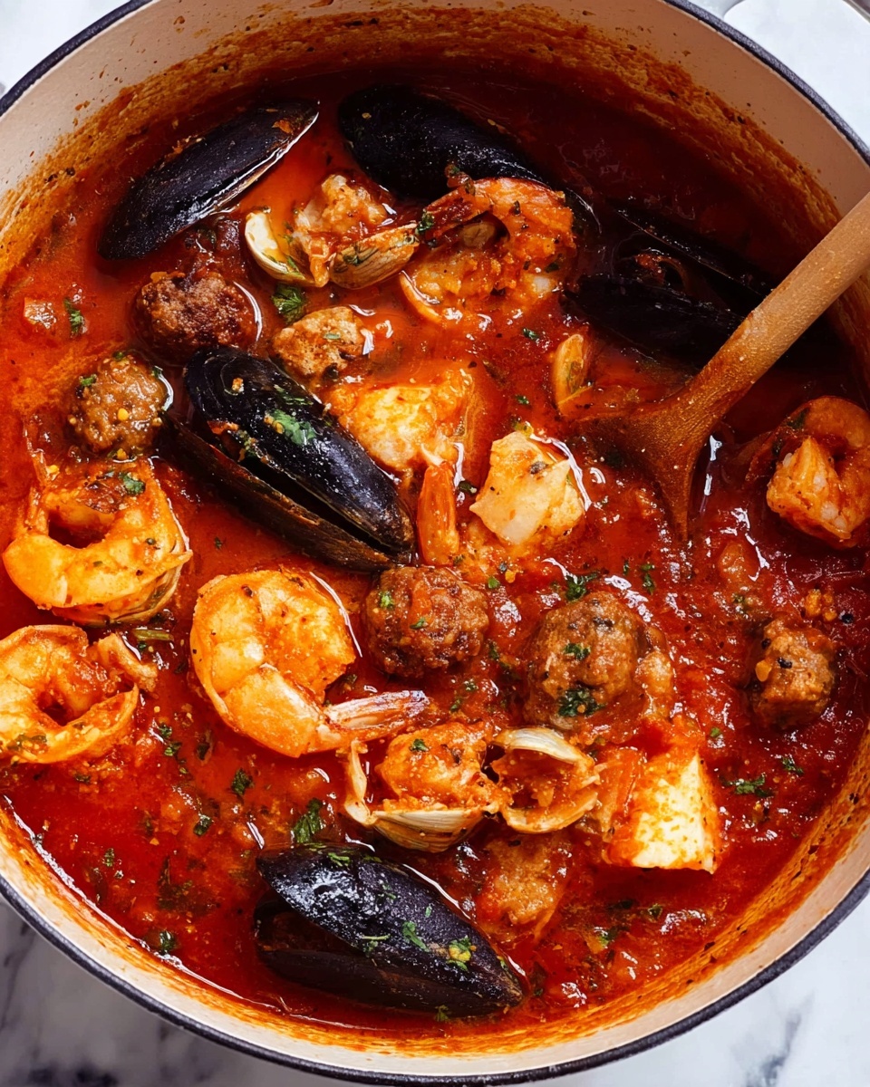 The image shows a pot filled with a rich red tomato sauce stew, layered with seafood and meat. There are bright orange shrimp arranged throughout, mixed with chunks of white fish and small dark brown meatballs. Also visible are black mussels partially opened, mixed with pale slices of onion. The sauce looks thick and has some small green herbs scattered inside. A wooden spoon is partly dipped into the stew on the right side. The pot itself is white and sits on a white marbled surface. photo taken with an iphone --ar 4:5 --v 7
