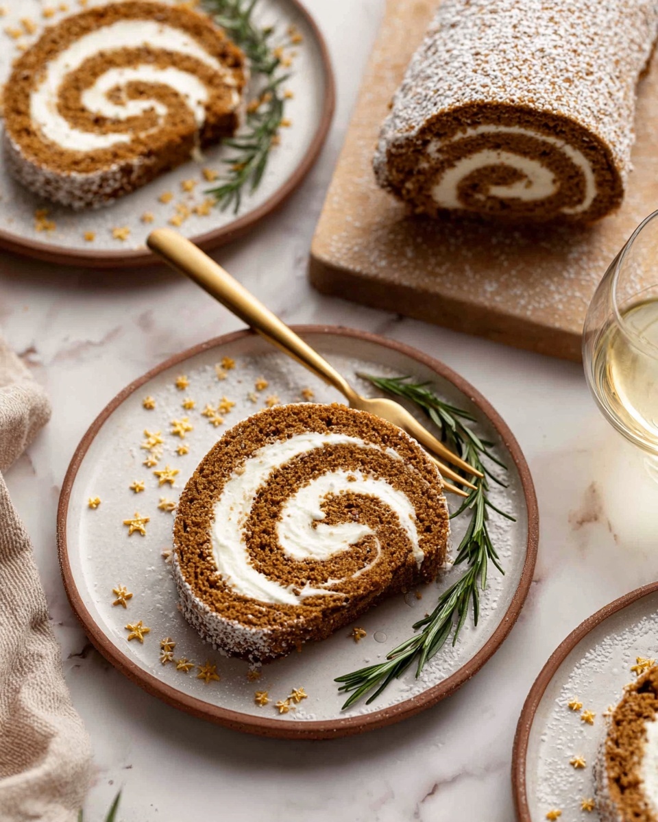 Three slices of a rolled brown cake with white cream filling spiraled inside are arranged on a white marbled surface dusted with powdered sugar and small yellow star-shaped sprinkles. Two slices rest on white plates with brown rims, with one plate centered and the other near the bottom edge, and a gold fork lies next to the centered slice. The cake texture looks soft and spongy, while the white cream swirl is smooth and thick. A sprig of green rosemary decorates the plate with the centered slice. A glass with a pale yellow drink is partly visible on the right side, slightly blurred in the background. Photo taken with an iphone --ar 4:5 --v 7