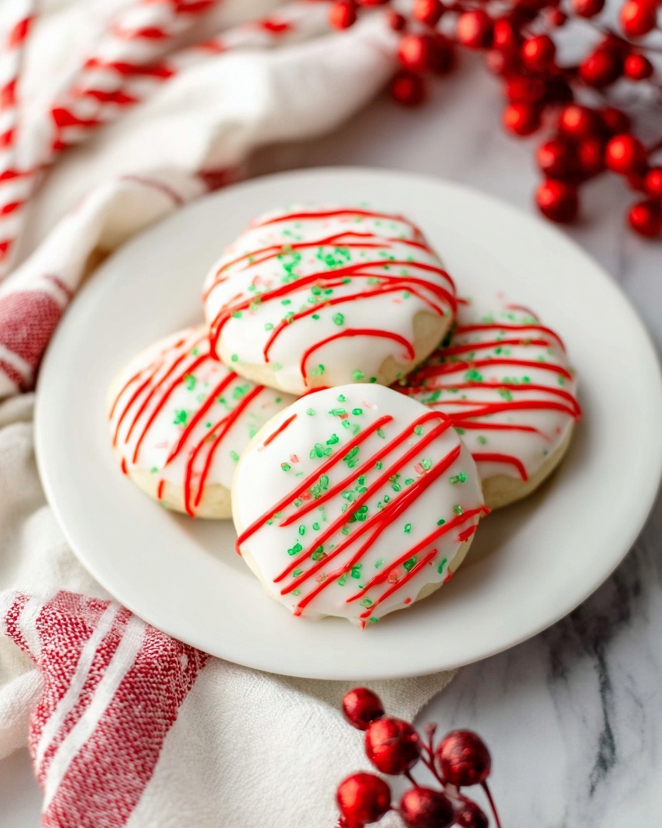 The image shows four round cookies on a white plate, each coated in smooth white icing. Each cookie is decorated with thin, diagonal red stripes made of icing, and small green sprinkles are scattered evenly over the white surface. The cookies are placed close together at the center of the plate, which is set on a white marbled surface. In the background, there are red and white berry decoration sticks and a white cloth with red stripes that add a festive feel. Photo taken with an iphone --ar 4:5 --v 7