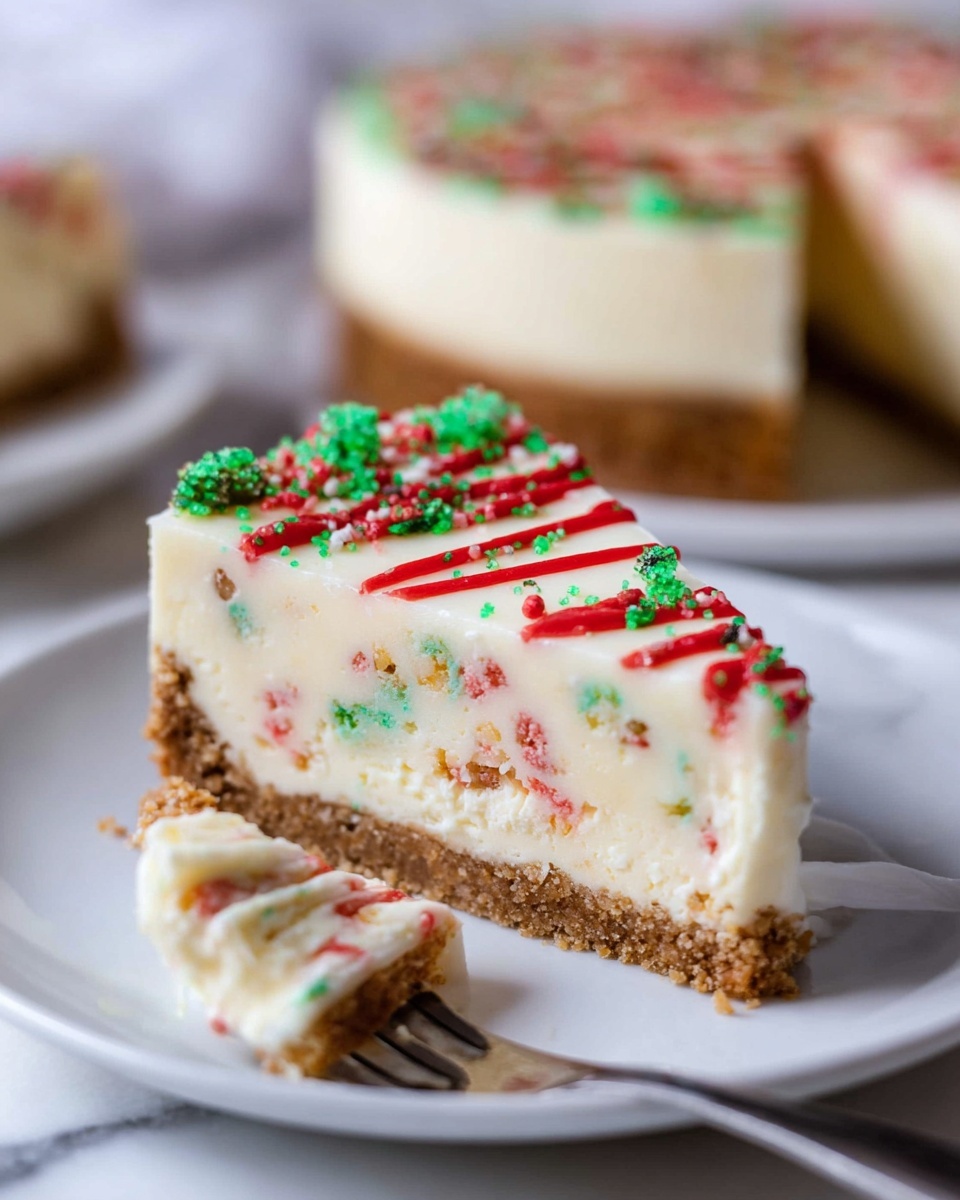 The image shows a close-up of a slice of cheesecake on a white plate placed on a white marbled surface. The cheesecake has three visible layers: a crumbly brown crust at the bottom, a thick creamy off-white middle layer with colorful sprinkles baked inside, and a smooth white top layer decorated with green sugar sprinkles and thin red lines drizzled across. A piece of the cheesecake is held slightly away on a fork by a woman's hand. In the background, there is a blurred whole cheesecake slice with similar decoration. photo taken with an iphone --ar 4:5 --v 7