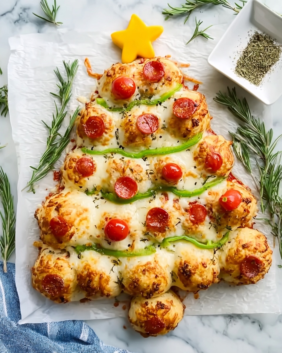 The image shows a pizza shaped like a Christmas tree, made with small round dough balls arranged in a triangular tree form with a thicker base as the trunk. The dough balls are covered with melted white cheese that looks soft and slightly browned on top. Small red cherry tomato halves and tiny round pepperoni slices are scattered across the tree, creating bright red spots. Curved strips of fresh green bell pepper are placed diagonally across the pizza, resembling garlands. On the very top of the tree, a small yellow star-shaped piece of dough sits as a tree topper. The pizza is placed on white parchment paper with some green rosemary sprigs around it, all set on a white marbled surface. A square white dish with dried herbs is seen in the corner, and a blue-striped cloth is partially visible in the background. photo taken with an iphone --ar 4:5 --v 7