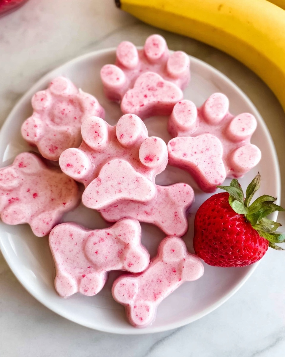 The image shows a white plate filled with pink frozen treats shaped like dog paws and bones. Each paw-shaped treat has detailed pads that are lighter pink, while the main paw area is a slightly darker mixed pink with small red specks inside. The bone-shaped treats match the paw treats in color and texture, also showing the same red specks. There is one bright red strawberry with a green stem placed on the plate to the right of the treats. The plate rests on a white marbled surface, and a yellow banana is partially visible in the background. photo taken with an iphone --ar 4:5 --v 7