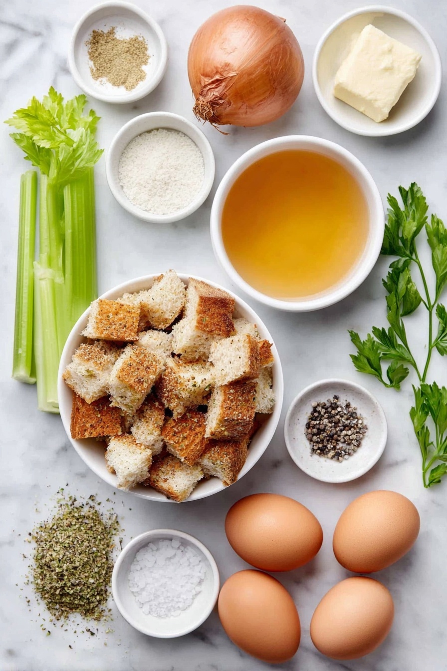 Flat lay of a small white ceramic bowl of dry seasoned bread cubes, a medium whole uncracked brown onion, two bright green celery ribs, a small white ceramic bowl with a portion of unsalted butter, two whole uncracked brown eggs with clean shells, a small white ceramic bowl of golden chicken broth, a little heap of dried poultry seasoning herbs, a small white ceramic bowl of fine garlic powder, a small white ceramic bowl of salt crystals, a small white ceramic bowl of black pepper, and a few sprigs of fresh green parsley placed neatly on a clean white marble surface, soft natural light, photo taken with an iPhone, professional food photography style, fresh ingredients, white ceramic bowls, no bottles, no duplicates, no utensils, no packaging --ar 2:3 --v 7 --p m7354615311229779997 - Duck Fat Roasted Potatoes, crispy roasted potatoes, flavorful potato side dish, golden roasted potatoes, easy duck fat potatoes