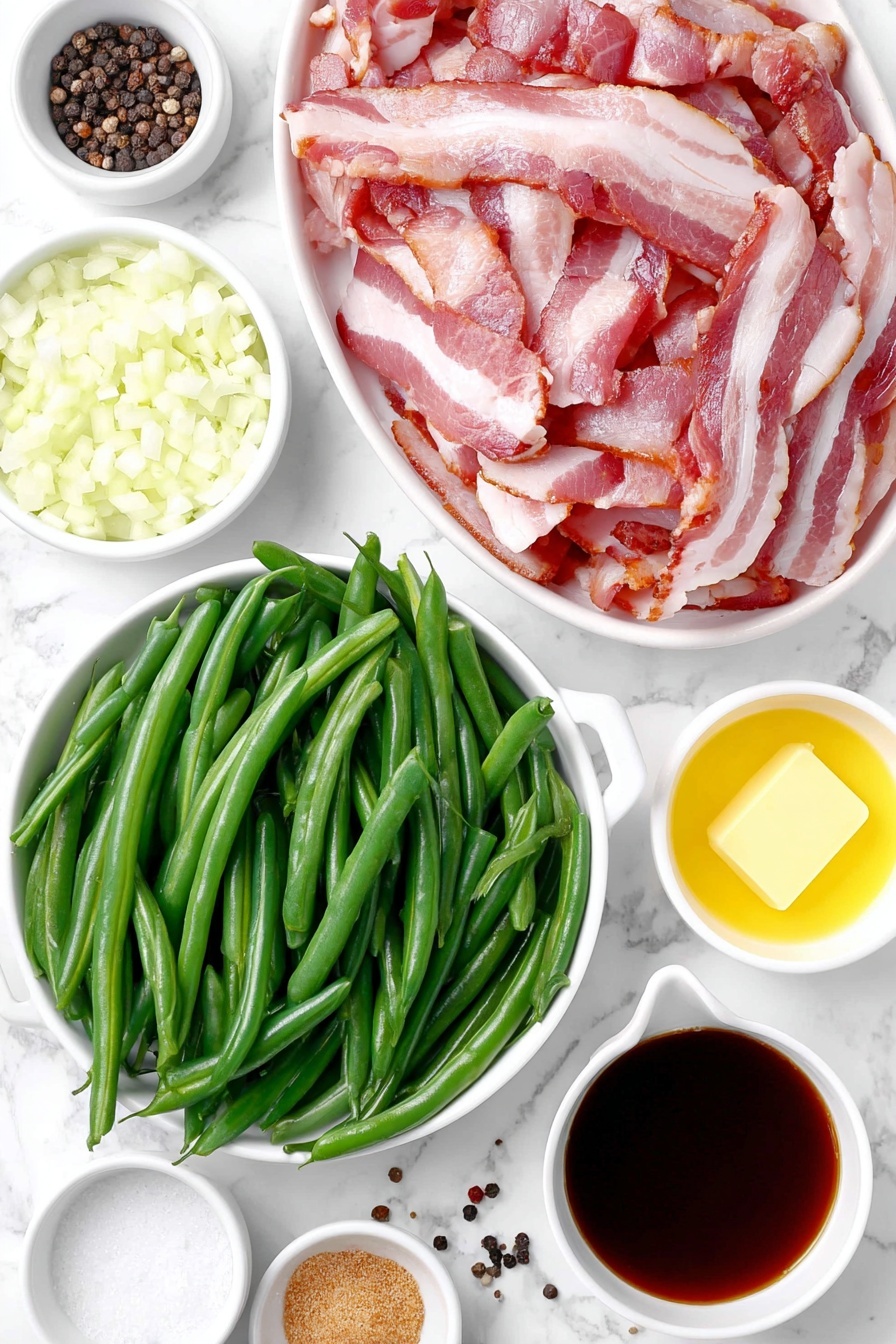 Flat lay of chopped crispy bacon slices, diced yellow onion in a small white bowl, a small white bowl of minced garlic, fresh green beans trimmed and cut into 1-inch pieces spread neatly, a small white bowl filled with golden butter, a small white bowl of dark brown Worcestershire sauce, a small white bowl with light brown granulated brown sugar, a small white bowl with clear vegetable broth, scattered salt crystals and whole black peppercorns, placed on a clean white marble surface, soft natural light, photo taken with an iPhone, professional food photography style, fresh ingredients, white ceramic bowls, no bottles, no duplicates, no utensils, no packaging --ar 2:3 --v 7 --p m7354615311229779997 - Crock Pot Green Beans with Bacon, green beans with bacon, slow cooker green beans, bacon side dish, flavorful green bean recipe