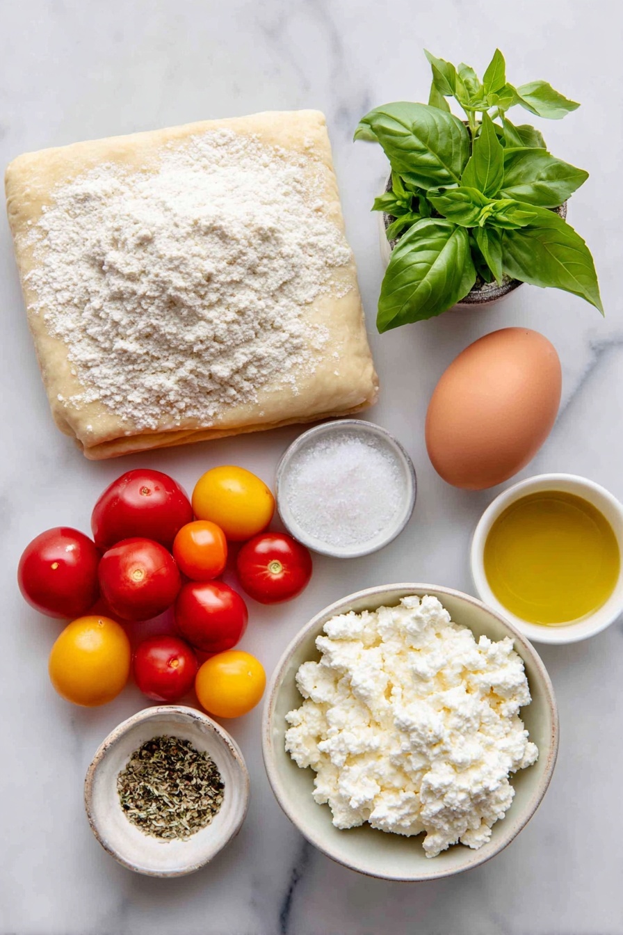 Flat lay of a fresh sheet of golden puff pastry, one whole uncracked brown egg, a small mound of creamy whole milk ricotta cheese on a simple white ceramic plate, a small white bowl filled with finely grated Parmigiano-Reggiano, a handful of bright green fresh basil leaves, a small white bowl of flaky sea salt crystals, a small white bowl of freshly ground black pepper, a few sprigs of dried oregano, a few sprigs of garlic powder in a small white bowl, a cluster of vibrant halved mini heirloom tomatoes in red, yellow, and orange hues, and a small white bowl of golden olive oil, all arranged in perfect symmetry on a clean white marble surface, soft natural light, photo taken with an iPhone, professional food photography style, fresh ingredients, white ceramic bowls, no bottles, no duplicates, no utensils, no packaging --ar 2:3 --v 7 --p m7354615311229779997 - Tomato Ricotta Puff Pastry Tartlets, easy appetizer recipes, quick snack ideas, savory tart recipes, party appetizer ideas