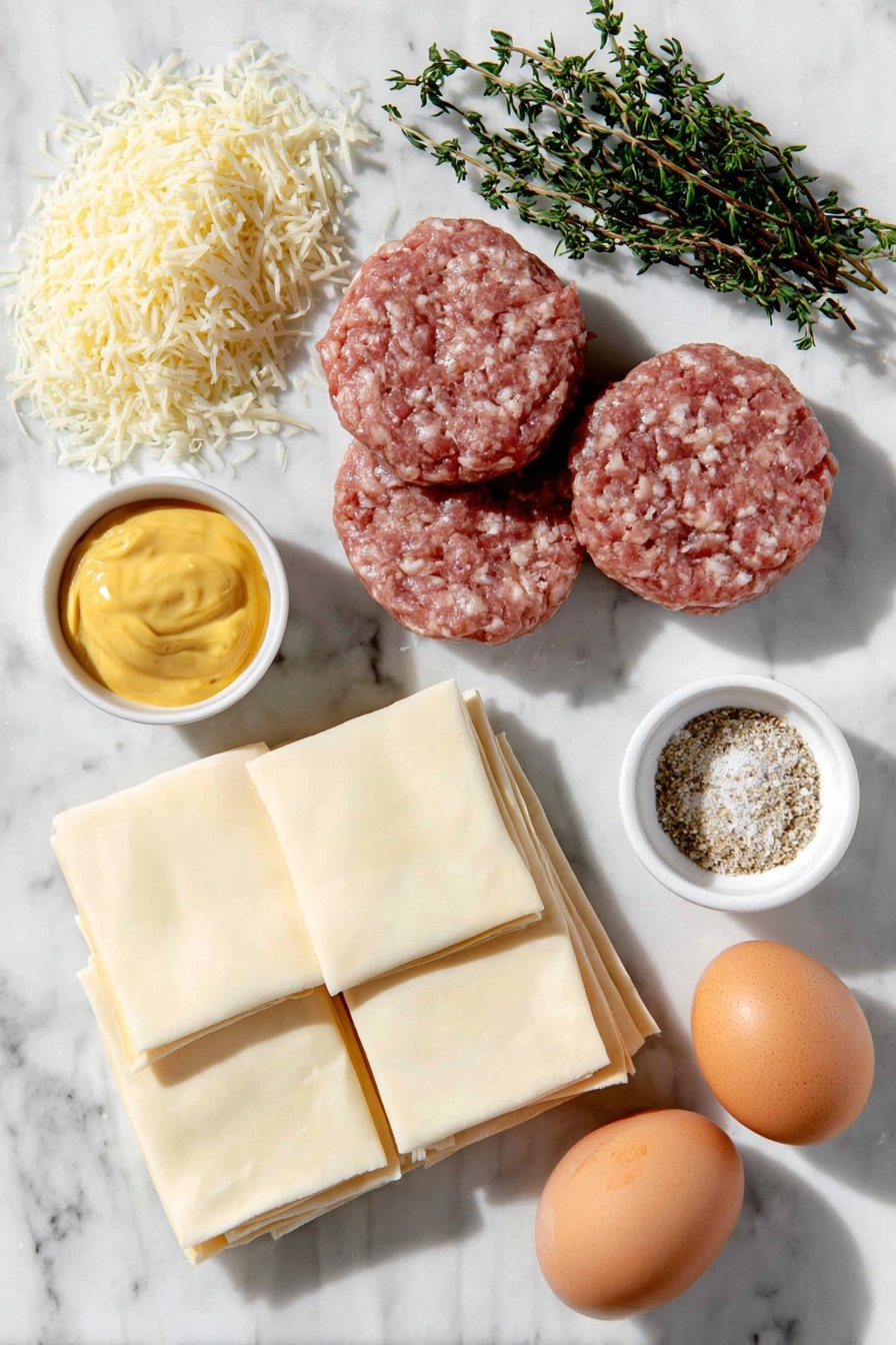 Flat lay of breakfast pork and sage sausage raw and unprocessed, a small mound of freshly grated sharp cheddar cheese, a small heap of golden panko breadcrumbs, two whole uncracked brown eggs, a small white ceramic bowl of bright yellow Dijon mustard, fresh green thyme sprigs with loose leaves, four rectangular sheets of pale puff pastry neatly stacked, a small white ceramic bowl filled with coarse Everything but the Bagel seasoning, a small white ceramic bowl holding glossy amber hot honey, all arranged in perfect symmetry on a clean white marble surface, soft natural light, photo taken with an iPhone, professional food photography style, fresh ingredients, white ceramic bowls, no bottles, no duplicates, no utensils, no packaging --ar 2:3 --v 7 --p m7354615311229779997 - Hot Honey Sausage Rolls, savory sausage roll recipes, spicy puff pastry snacks, sweet and spicy appetizer, easy sausage rolls with hot honey