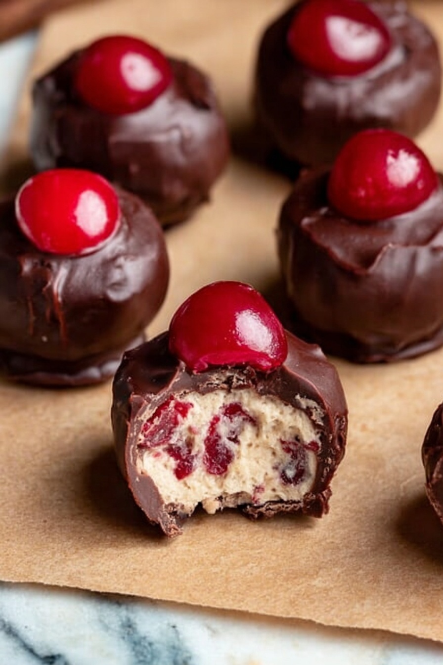 The image shows several small round treats on a brown paper surface with a white marbled background. Each treat has three layers: the outer layer is dark, shiny chocolate with a slightly bumpy texture. Inside, the middle layer is creamy and light-colored with visible tiny red bits, suggesting a soft filling. The top layer is a bright red cherry sitting on each chocolate ball. One treat in front is bitten into, exposing the creamy middle and cherry pieces inside. Photo taken with an iphone --ar 2:3 --v 7 - Cherry Bourbon Balls, bourbon cherry treats, no-bake cherry candies, chocolate-coated bourbon snacks, boozy cherry confections