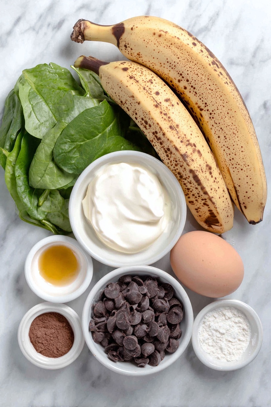Flat lay of three very ripe bananas with smooth brown spots, two large handfuls of fresh vibrant green baby spinach leaves, a single whole uncracked brown egg, a small white ceramic bowl of creamy white full-fat Greek yogurt, a small white ceramic bowl of amber-colored oil, a small white ceramic bowl of light brown granulated sugar, a small white ceramic bowl of fine white whole wheat flour, a small white ceramic bowl of dark brown cocoa powder, a small white ceramic bowl of smooth pale beige vanilla extract, a small white ceramic bowl of fine sea salt crystals, and a small white ceramic bowl of shiny semi-sweet dark chocolate chips placed on a clean white marble surface, soft natural light, photo taken with an iPhone, professional food photography style, fresh ingredients, white ceramic bowls, no bottles, no duplicates, no utensils, no packaging --ar 2:3 --v 7 --p m7354615311229779997 - Chocolate Spinach Muffins, healthy chocolate muffins, nutritious vegetable muffins, moist chocolate banana muffins, easy veggie muffin recipe