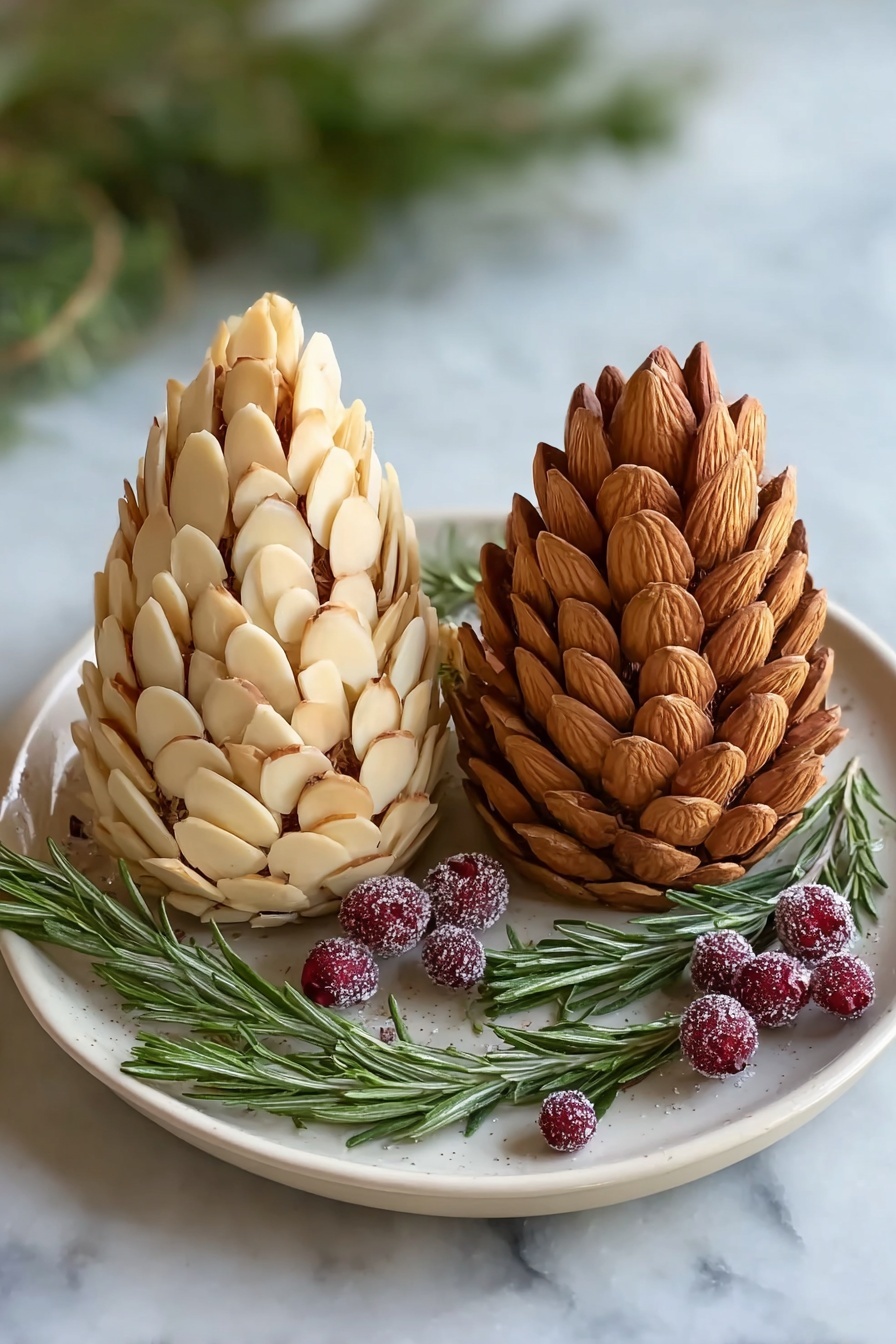 Two pine cone shaped treats sit on a white plate with a white marbled surface background. The left pine cone is covered in pale, thin almond slices layered closely together from the base to the pointed top. The right pine cone is covered in whole brown almonds layered similarly. Between and around the pine cones there are sprigs of green rosemary and small, sugar-coated red berries that add contrast and a festive look. Photo taken with an iphone --ar 2:3 --v 7 - Pinecone Cheese Ball with Nuts and Rosemary, festive cheese ball, holiday appetizer recipes, rustic cheese ball ideas, cheese ball with nuts and herbs
