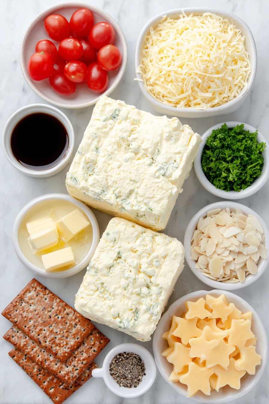 Flat lay of two blocks of soft cream cheese, a small mound of finely shredded bright orange cheddar cheese, a few chopped green onions, a small white bowl of diced red pimientos, a small white bowl with melted golden butter, a small white bowl of Worcestershire sauce, a small white bowl containing pale garlic powder, a small white bowl of coarse kosher salt, a small white bowl of ground black pepper, a dozen halved shiny red cherry tomatoes, a small pile of finely chopped fresh green parsley, a small pile of thinly sliced almonds, a bright yellow pepper cut into star-shaped pieces, assorted crackers and pretzels arranged neatly, all placed on a clean white marble surface, soft natural light, photo taken with an iPhone, professional food photography style, fresh ingredients, white ceramic bowls, no bottles, no duplicates, no utensils, no packaging --ar 2:3 --v 7 --p m7354615311229779997 - Christmas Tree Cheeseball, festive appetizer, holiday cheese ball, Christmas party snack, easy cheeseball recipe