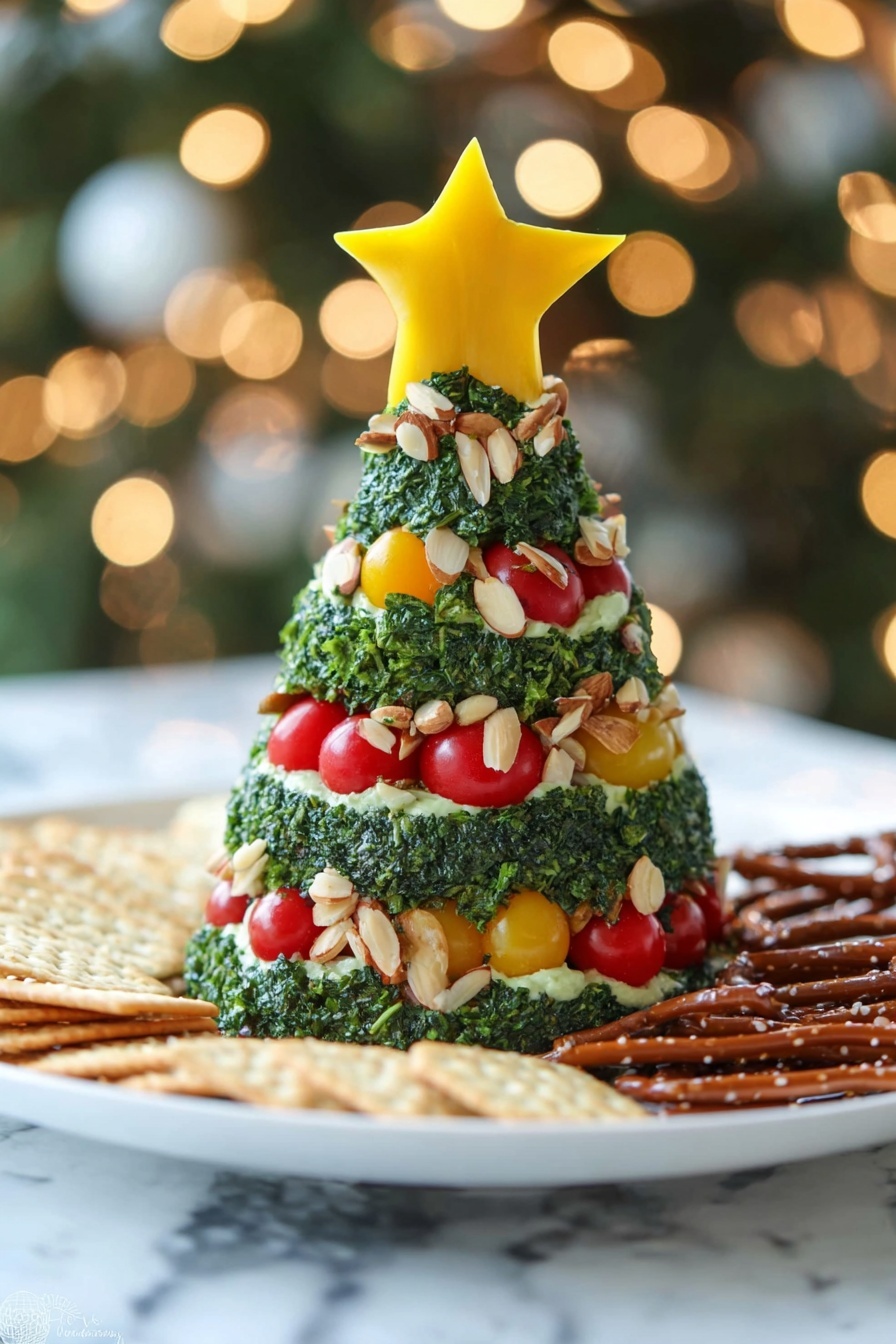 The dish shows a Christmas tree-shaped food sculpture with three main visible layers covered in chopped green herbs. The base layers are decorated with thin slices of light brown almonds arranged like garlands, with bright red cherry tomatoes and small yellow diced pieces like bell peppers placed all over the tree. The top of the tree is finished with a large, star-shaped yellow piece. The tree sits on a white plate with round crackers and dark brown pretzel sticks placed around its base, all on a white marbled surface with warm blurred lights in the background. Photo taken with an iphone --ar 2:3 --v 7 - Christmas Tree Cheeseball, festive appetizer, holiday cheese ball, Christmas party snack, easy cheeseball recipe