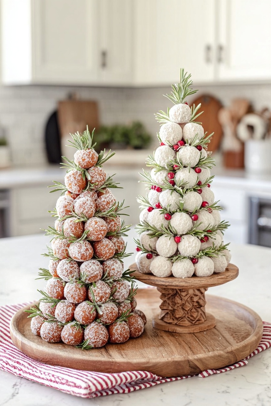 The image shows two cone-shaped towers made of small round balls stacked in neat layers on a round wooden tray with a red-striped cloth on the side. The left tower is made of brown doughnut balls dusted with white powder and decorated with green sprigs of rosemary evenly spaced throughout the layers. The right tower consists of white powdered balls arranged in similar layers with small red berries and sprigs of rosemary tucked between the layers, all standing on a carved wooden pedestal on the tray. The scene is set on a white marbled counter with a blurred kitchen background. photo taken with an iphone --ar 2:3 --v 7 - Christmas Donut Tree, Holiday Donut Tree, Festive Christmas Dessert, Christmas Tree Dessert Idea, Holiday Party Centerpiece
