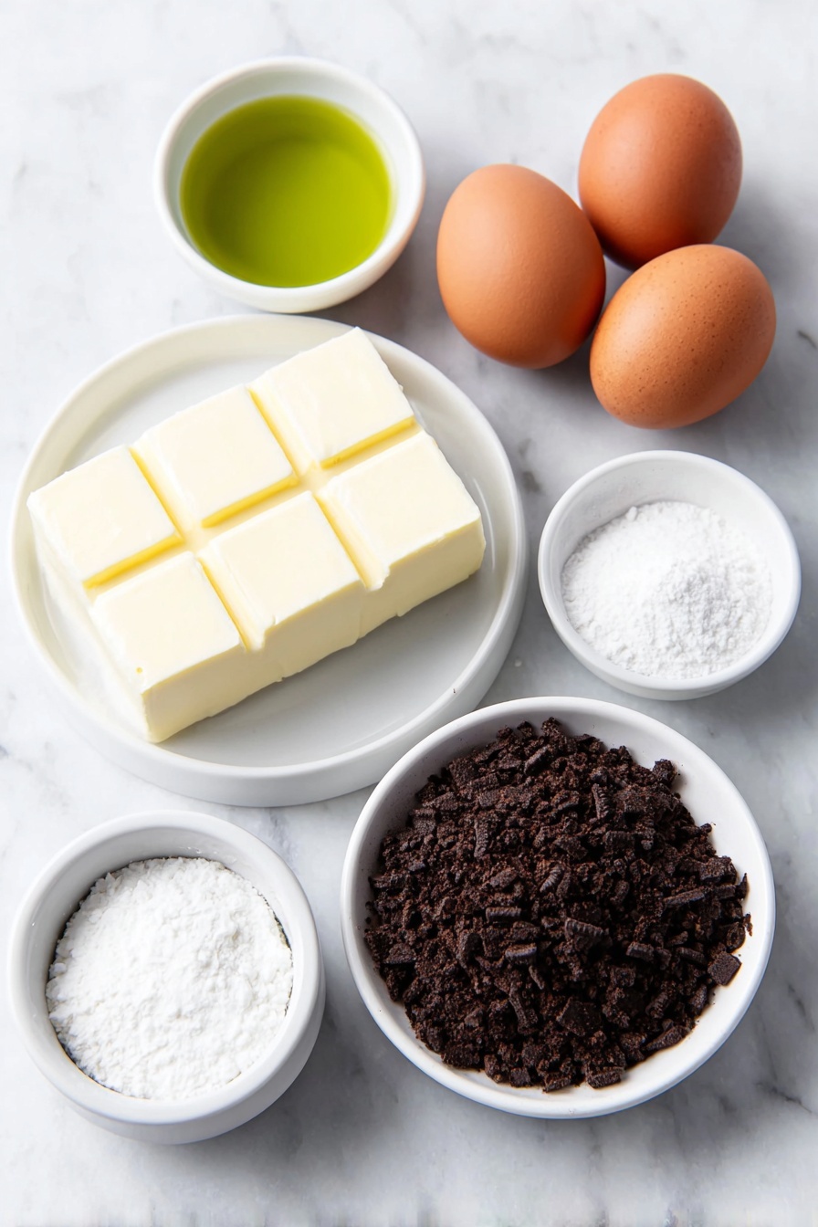 Flat lay of a small mound of dark Oreo cookie crumbs, a few small cubes of pale yellow melted butter on a plain white ceramic plate, two smooth whole brown eggs with clean shells, a soft block of creamy white cream cheese resting on a simple white ceramic dish, a small white ceramic bowl filled with fine white granulated sugar, a small white ceramic bowl holding neon green liquid food coloring, and a small white ceramic bowl of clear vanilla extract, all arranged with perfect symmetry and balanced proportions, placed on a clean white marble surface, soft natural light, photo taken with an iPhone, professional food photography style, fresh ingredients, white ceramic bowls, no bottles, no duplicates, no utensils, no packaging --ar 2:3 --v 7 --p m7354615311229779997 - Grinch Cheesecake Cupcakes Oreo Crust, Festive Cheesecake Cupcakes, Green Holiday Cheesecake, Christmas Party Dessert, Easy Cheesecake Cupcake Recipes