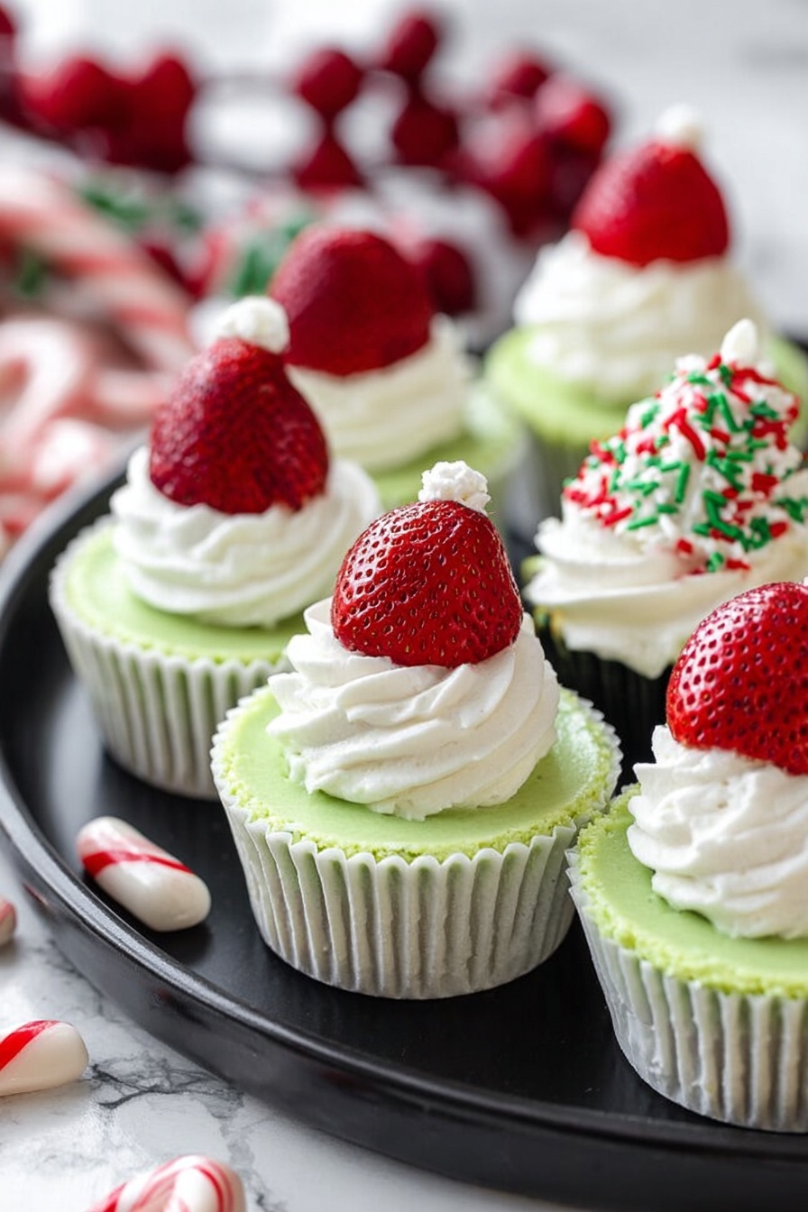 The image shows several mini green cheesecakes in white cupcake liners arranged on a dark round plate placed on a white marbled surface. Each cheesecake has a smooth pale green layer topped with white whipped cream. Some cheesecakes are decorated with whole red strawberries placed on top of a swirl of whipped cream, resembling little Santa hats. One cheesecake in the background has whipped cream topped with red and green sprinkles. The background also includes red berries and white peppermint candies blurred out. Photo taken with an iphone --ar 2:3 --v 7 - Grinch Cheesecake Cupcakes Oreo Crust, Festive Cheesecake Cupcakes, Green Holiday Cheesecake, Christmas Party Dessert, Easy Cheesecake Cupcake Recipes