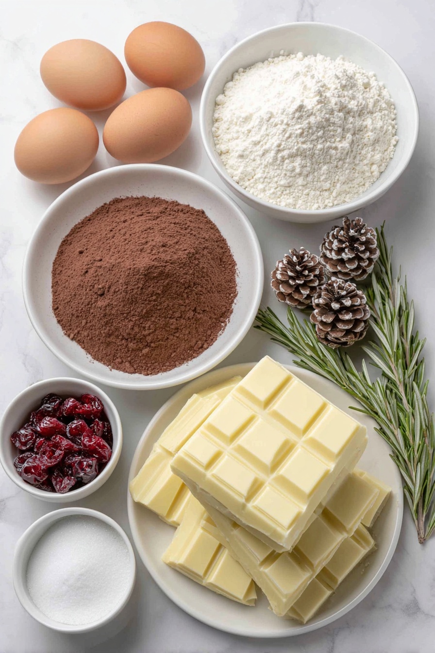 Flat lay of chopped white chocolate in a simple white ceramic bowl, fresh heavy cream in a small white bowl, two whole uncracked brown eggs, a mound of sifted cocoa powder on a white plate, a small white bowl with espresso powder, a pinch of sea salt scattered on a white plate, whole milk in a small white bowl, a few sprigs of fresh rosemary, granulated sugar on a white plate, whole cake flour on a white plate, dark chocolate chopped in a white ceramic bowl, meringue mushrooms on a small white plate, sugared cranberries in a small white bowl, almond pine cones on a white plate, and a small bowl of vanilla extract placed on a clean white marble surface, soft natural light, photo taken with an iPhone, professional food photography style, fresh ingredients, white ceramic bowls, no bottles, no duplicates, no utensils, no packaging --ar 2:3 --v 7 --p m7354615311229779997 - Chocolate Peppermint Yule Log, festive Christmas dessert, holiday peppermint chocolate cake, winter holiday yule log, chocolate peppermint dessert