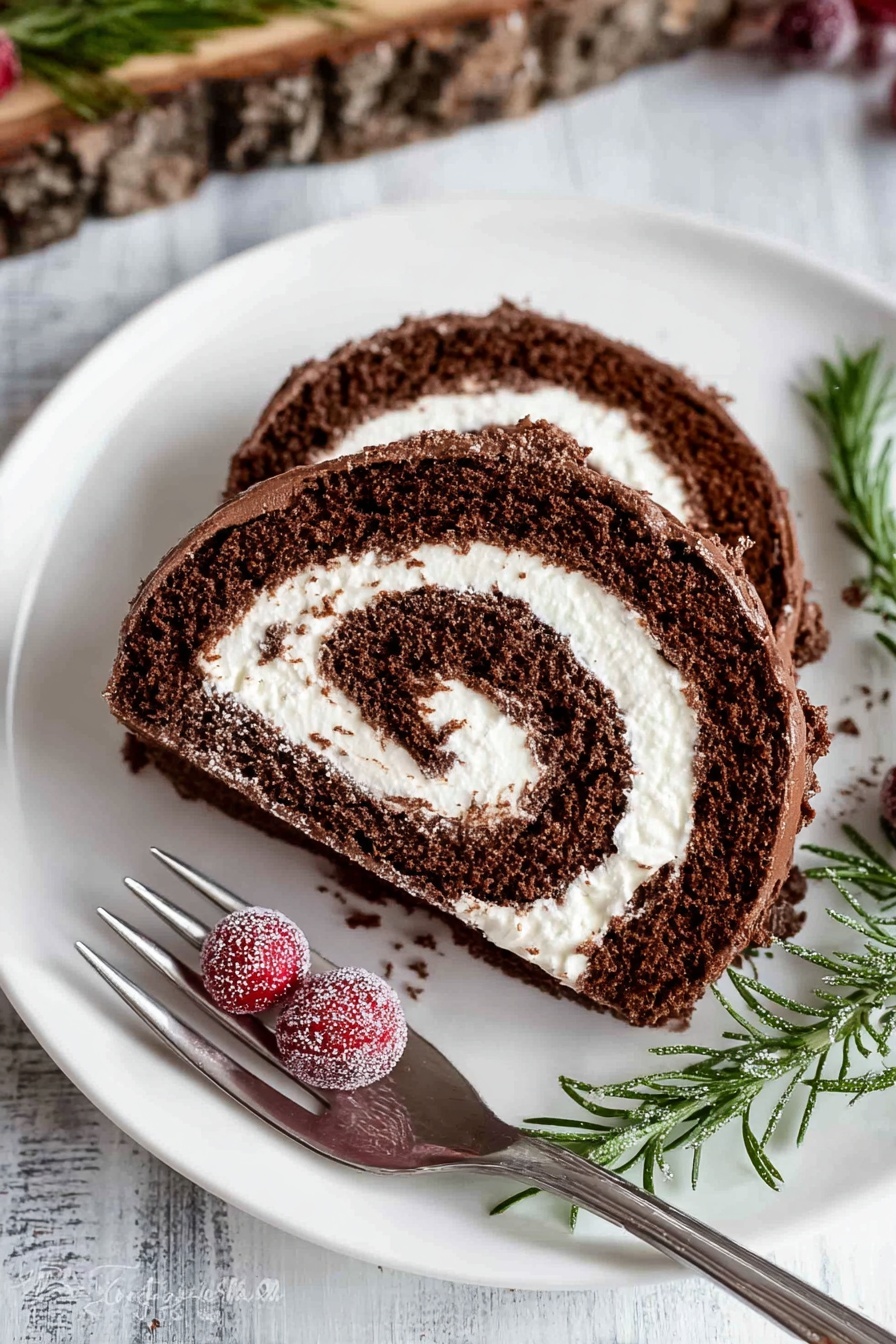 A single slice of chocolate roll cake sits on a white plate, featuring three visible layers of soft dark brown chocolate sponge cake tightly wrapped around two thick layers of smooth white cream filling, forming a spiral pattern. The outer edge has a darker chocolate frosting that appears rich and slightly textured. The plate also holds two red sugared cranberries and a few sprigs of fresh green rosemary placed to the right side, adding color contrast. A silver fork lies diagonally across the plate’s bottom edge. The background is a white marbled surface with an exposed piece of wood and additional sugared cranberries in the upper part of the image. Photo taken with an iphone --ar 2:3 --v 7 - Chocolate Yule Log Cake, Yule Log Cake Recipe, Festive Chocolate Cake, Holiday Dessert Ideas, Christmas Cake