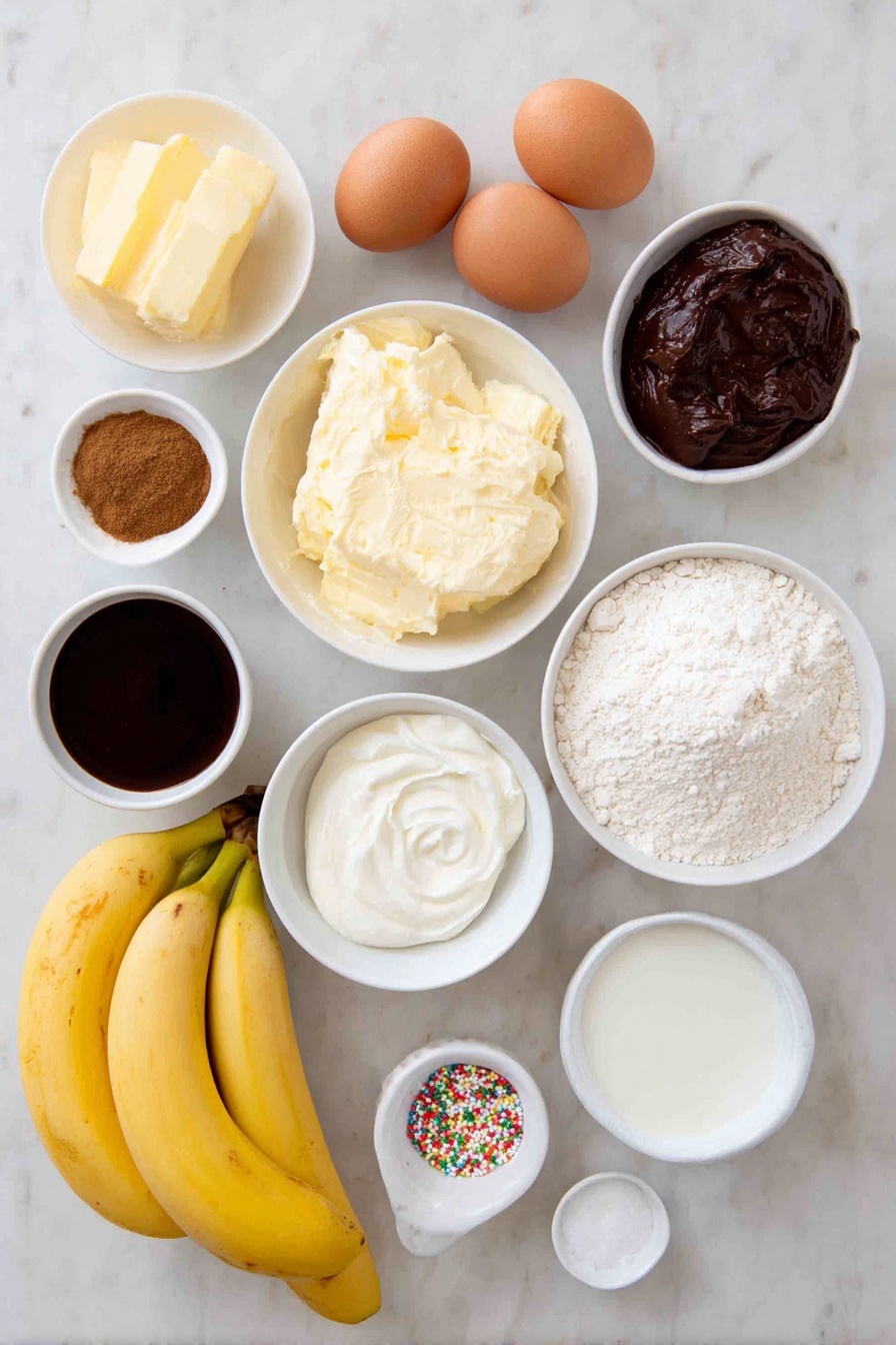 Flat lay of a small white ceramic bowl of soft unsalted butter, a white ceramic bowl of packed dark brown sugar, two whole uncracked large brown eggs, three ripe unpeeled medium bananas, a small white ceramic bowl of sour cream, a small white ceramic bowl of dark molasses, a small white ceramic bowl of all-purpose flour, a small white ceramic bowl of ground cinnamon, a small white ceramic bowl of ground ginger, a small white ceramic bowl of ground nutmeg, a small white ceramic bowl of ground allspice, a small white ceramic bowl of baking soda, a small white ceramic bowl of coarse salt, a small white ceramic bowl of powdered sugar, a small white ceramic bowl of milk, a small pile of cinnamon sugar crystals, and a few colorful holiday sprinkles scattered nearby, all arranged symmetrically on a clean white marble surface, soft natural light, photo taken with an iPhone, professional food photography style, fresh ingredients, white ceramic bowls, no bottles, no duplicates, no utensils, no packaging --ar 2:3 --v 7 --p m7354615311229779997 - Gingerbread Banana Bread, gingerbread banana bread recipe, easy banana bread with spices, festive banana bread, moist gingerbread bread