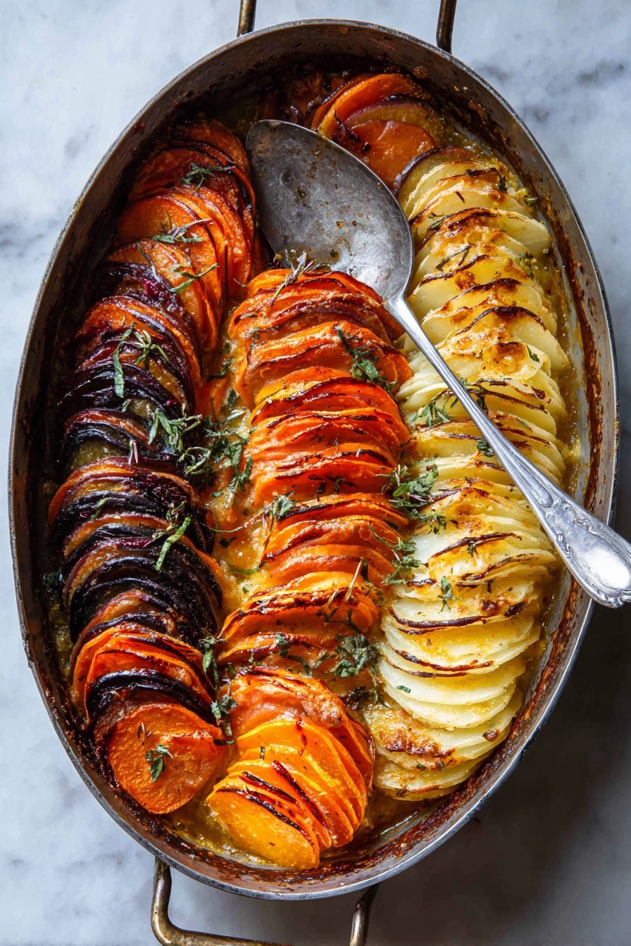 An oval metal baking dish holds a colorful layered vegetable gratin arranged in a neat row of five groups. Starting from the top left, there is a layer of bright orange slices, followed by a layer of pale yellow slices with light browning, next to a middle layer of deep purple slices with some charred edges. Below that, there is another layer of bright orange slices, similar to the top, and lastly, a layer of pale off-white slices with some golden spots at the bottom right. The slices are thin and arranged closely in vertical rows, with some fresh green herb sprigs sprinkled on top. A large metal spoon rests inside the dish on a white marbled surface beneath it. photo taken with an iphone --ar 2:3 --v 7 - Cheesy Root Vegetable Gratin, hearty vegetable side dish, holiday vegetable casserole, cheesy root vegetable bake, layered root vegetable gratin