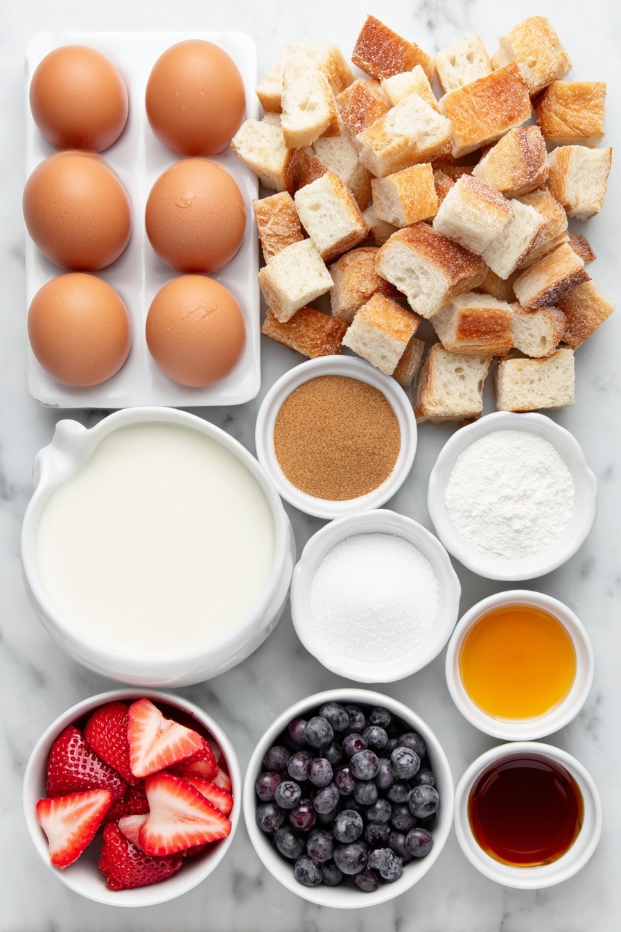 Flat lay of a large pile of cubed French bread, eight whole uncracked brown eggs neatly arranged, a small white bowl of 2% milk, a small white bowl filled with golden brown sugar, a small white bowl with ground cinnamon powder, a small white bowl holding clear vanilla extract, a handful of fresh sliced strawberries arranged flat, a handful of plump blueberries, a small white bowl with fine white powdered sugar, and a small white bowl of amber maple syrup, all placed on a clean white marble surface, soft natural light, photo taken with an iPhone, professional food photography style, fresh ingredients, white ceramic bowls, no bottles, no duplicates, no utensils, no packaging --ar 2:3 --v 7 --p m7354615311229779997 - Berry French Toast Bake, breakfast casserole with berries, easy French toast bake, make-ahead brunch recipes, cinnamon berry breakfast