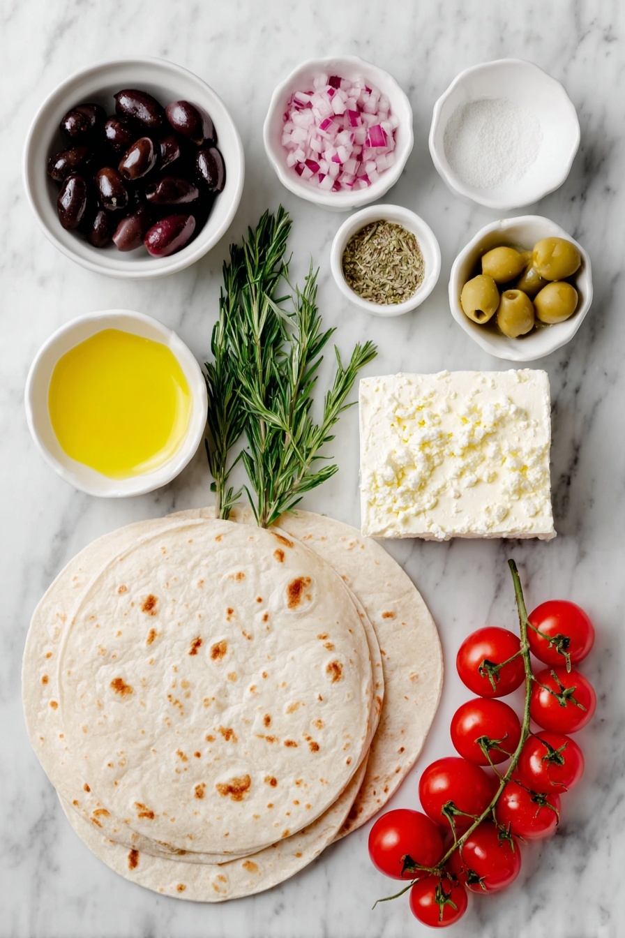 Flat lay of two blocks of smooth cream cheese, a small white bowl of finely chopped red peppers, a small white bowl of sliced green olives, a small white bowl of sliced black olives, a small white bowl containing bright yellow lemon juice, a small white bowl with garlic powder, a small white bowl with onion powder, a few sprigs of fresh green dill, two plain large white tortillas stacked neatly, two large spinach green tortillas stacked neatly, several sprigs of fresh rosemary, and a handful of glossy red cherry tomatoes, all arranged with perfect symmetry on a clean white marble surface, soft natural light, photo taken with an iPhone, professional food photography style, fresh ingredients, white ceramic bowls, no bottles, no duplicates, no utensils, no packaging --ar 2:3 --v 7 --p m7354615311229779997 - Festive Christmas Tree Pinwheel Appetizer, holiday appetizer ideas, Christmas party snacks, Christmas tree shaped appetizers, easy holiday finger foods