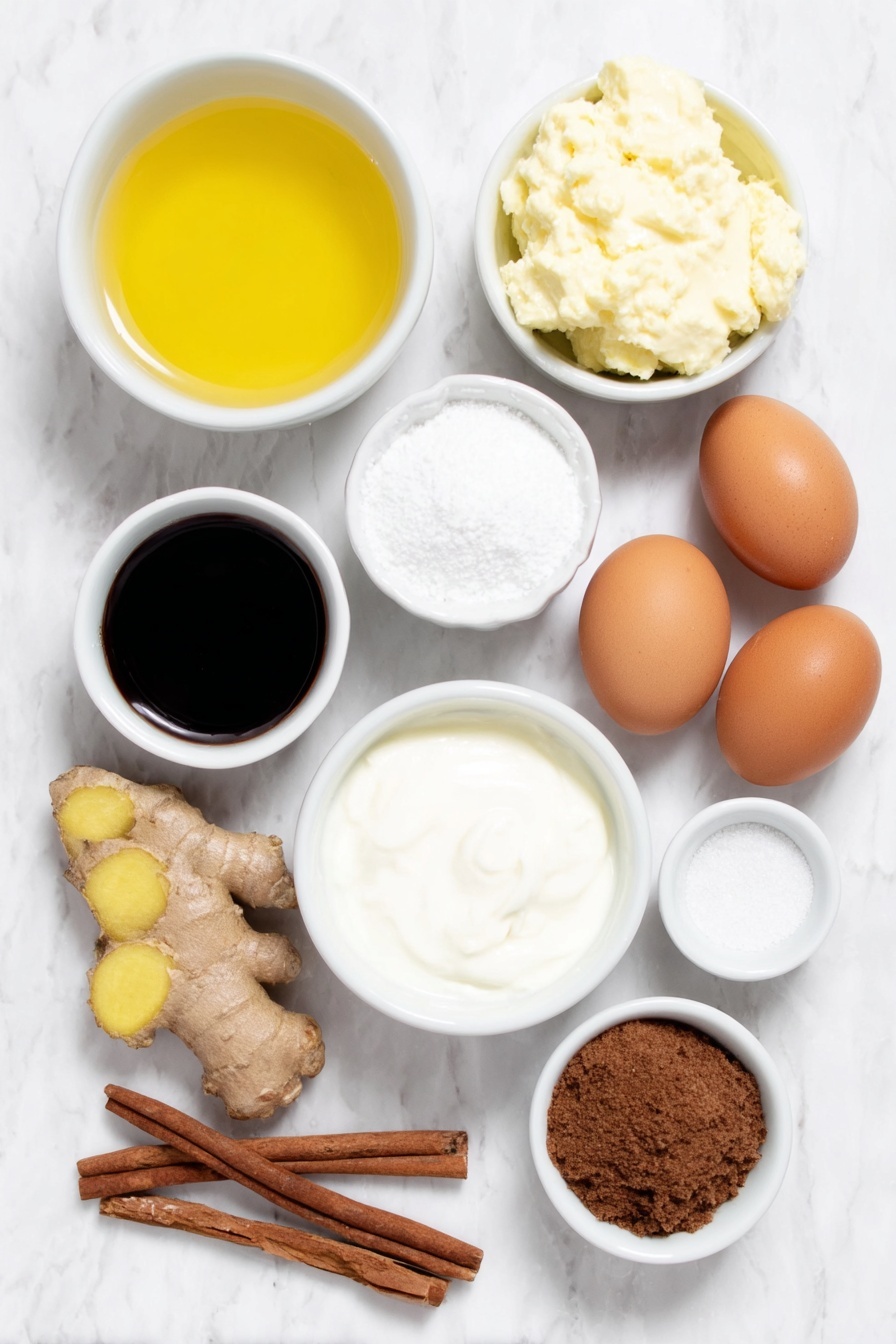 Flat lay of a small white ceramic bowl of water, a small white ceramic bowl of golden honey, a small white ceramic bowl of dark molasses, a few thin slices of fresh ginger root, two cinnamon sticks arranged neatly, a small white ceramic bowl with clear vanilla extract, a few glossy whole brown eggs with clean shells, a small white ceramic bowl of heavy cream, a small white ceramic bowl of ground cinnamon, a small white ceramic bowl of coarse sugar, a handful of mini gingerbread cookies, and a few ice cubes scattered naturally, all placed with perfect symmetry and balanced proportions on a clean white marble surface, soft natural light, photo taken with an iPhone, professional food photography style, fresh ingredients, white ceramic bowls, no bottles, no duplicates, no utensils, no packaging --ar 2:3 --v 7 --p m7354615311229779997 - Gingerbread White Russian Cocktail, holiday gingerbread cocktails, festive holiday drinks, winter cocktail recipes, creamy gingerbread drinks
