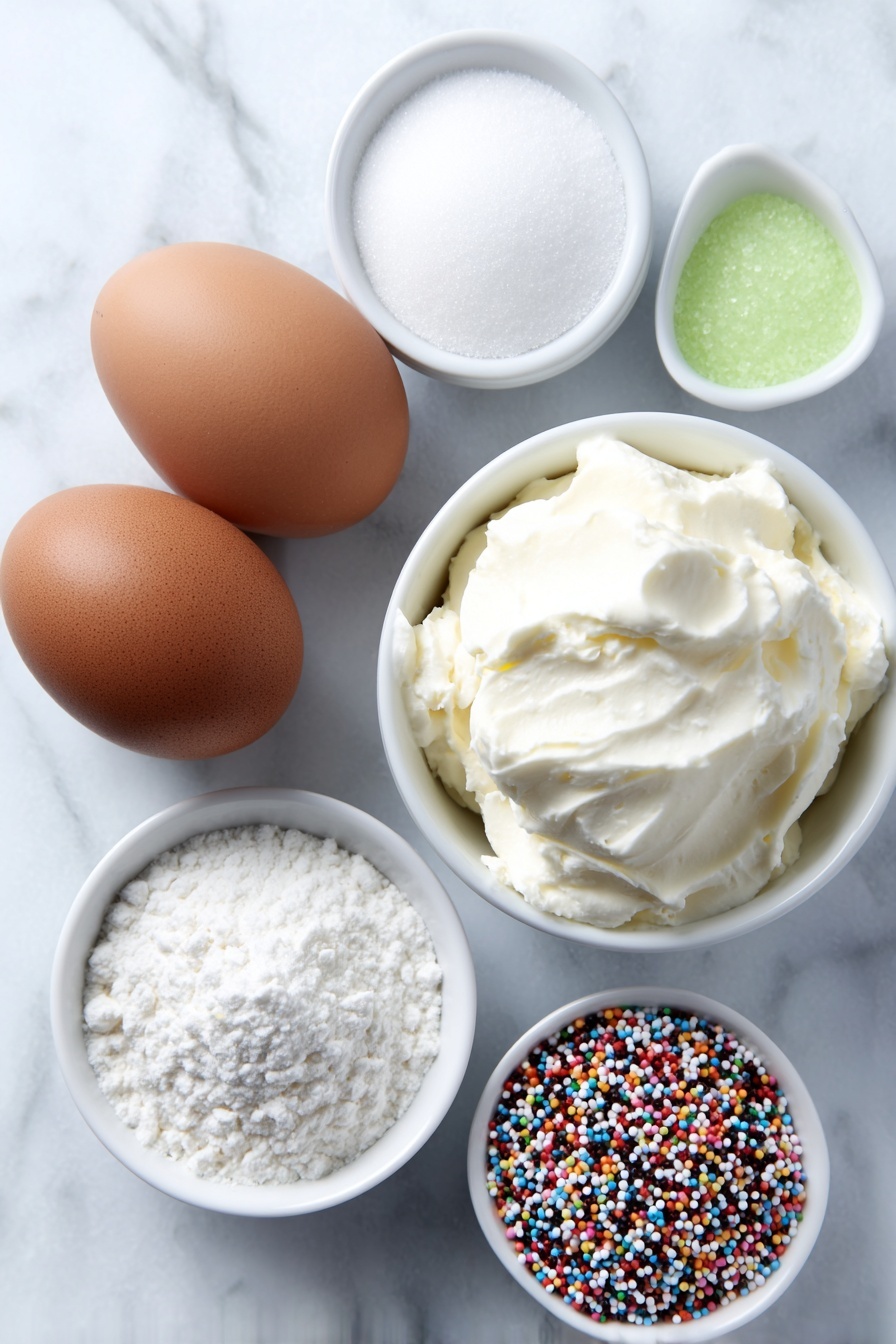 Flat lay of two large whole brown eggs, a small white ceramic bowl of fine white granulated sugar, a small white ceramic bowl of cream of tartar powder, a small white ceramic bowl with bright green gel food coloring, and a small white ceramic bowl filled with colorful round sprinkles, all arranged in perfect symmetry on a clean white marble surface, soft natural light, photo taken with an iPhone, professional food photography style, fresh ingredients, white ceramic bowls, no bottles, no duplicates, no utensils, no packaging --ar 2:3 --v 7 --p m7354615311229779997 - Festive Green Meringue Christmas Trees, Christmas Meringue Decorations, Holiday Meringue Recipes, Green Christmas Treats, Easy Holiday Meringue