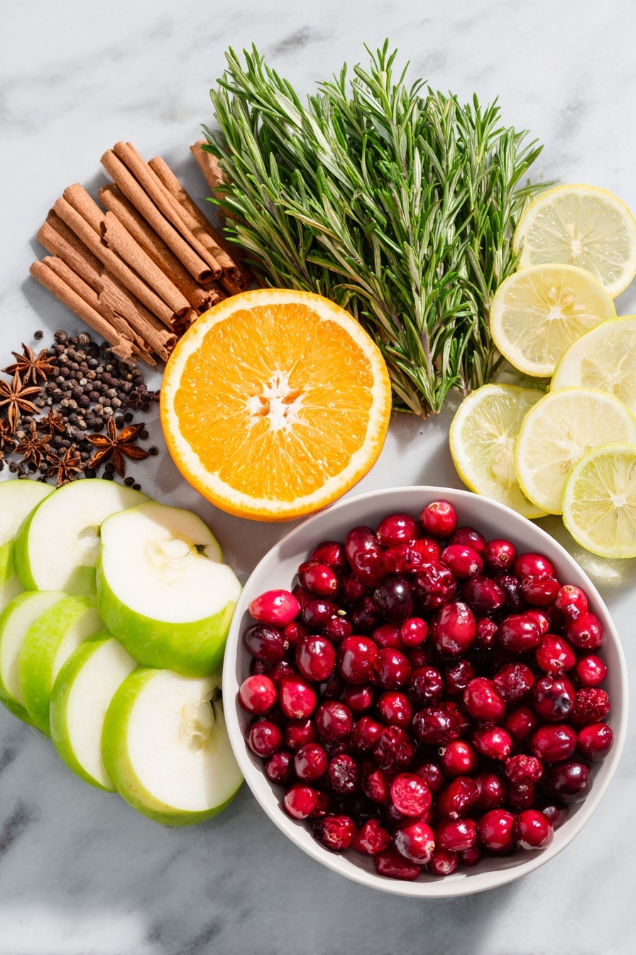 Flat lay of fresh cranberries in a small white ceramic bowl, three cinnamon sticks arranged neatly, two sprigs of vibrant green rosemary, a few whole cloves scattered on the surface, a quartered bright orange with visible juicy segments, a few slices of red apple, a few slices of green pear, thin lemon slices with visible texture, a small cluster of whole allspice berries, two whole star anise pods, and a couple of dark whole vanilla beans, all placed with perfect symmetry on a clean white marble surface, soft natural light, photo taken with an iPhone, professional food photography style, fresh ingredients, white ceramic bowls, no bottles, no duplicates, no utensils, no packaging --ar 2:3 --v 7 --p m7354615311229779997 - Christmas Potpourri, holiday stovetop potpourri, natural Christmas scent, festive home fragrance, Christmas aromatherapy