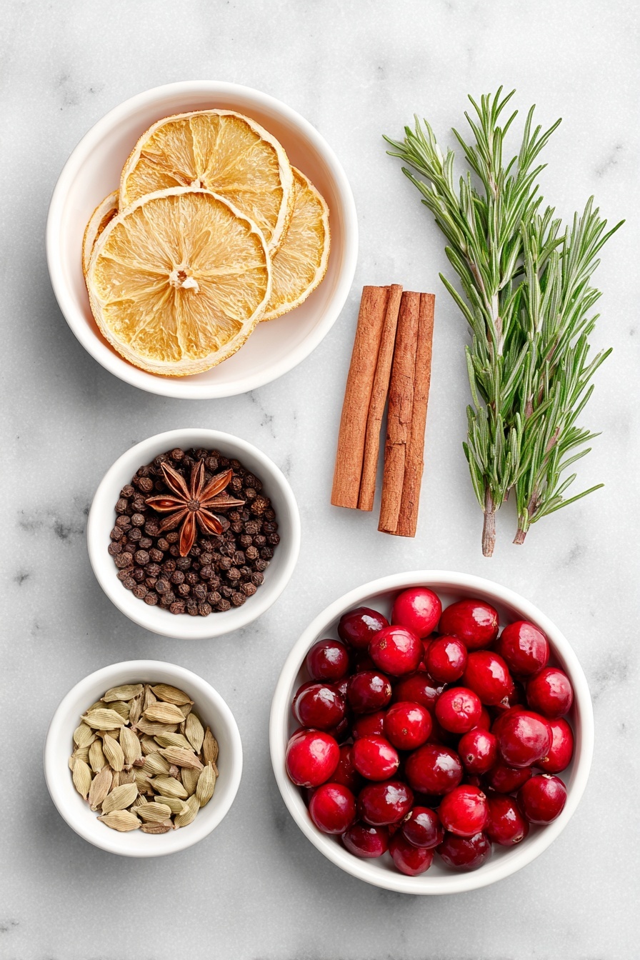 Flat lay of a few dried orange slices arranged beside two cinnamon sticks, a small white ceramic bowl filled with whole cloves, another small white bowl containing allspice berries, two fresh sprigs of rosemary with vibrant green needles, two whole star anise pods placed symmetrically, a small handful of fresh bright red cranberries in a white ceramic bowl, and a small white ceramic bowl holding cardamom pods, all meticulously arranged in perfect symmetry, placed on a clean white marble surface, soft natural light, photo taken with an iPhone, professional food photography style, fresh ingredients, white ceramic bowls, no bottles, no duplicates, no utensils, no packaging --ar 2:3 --v 7 --p m7354615311229779997 - Christmas Simmer Pot in a Jar, holiday simmer pot, Christmas gift idea, festive home fragrance, holiday scent jars